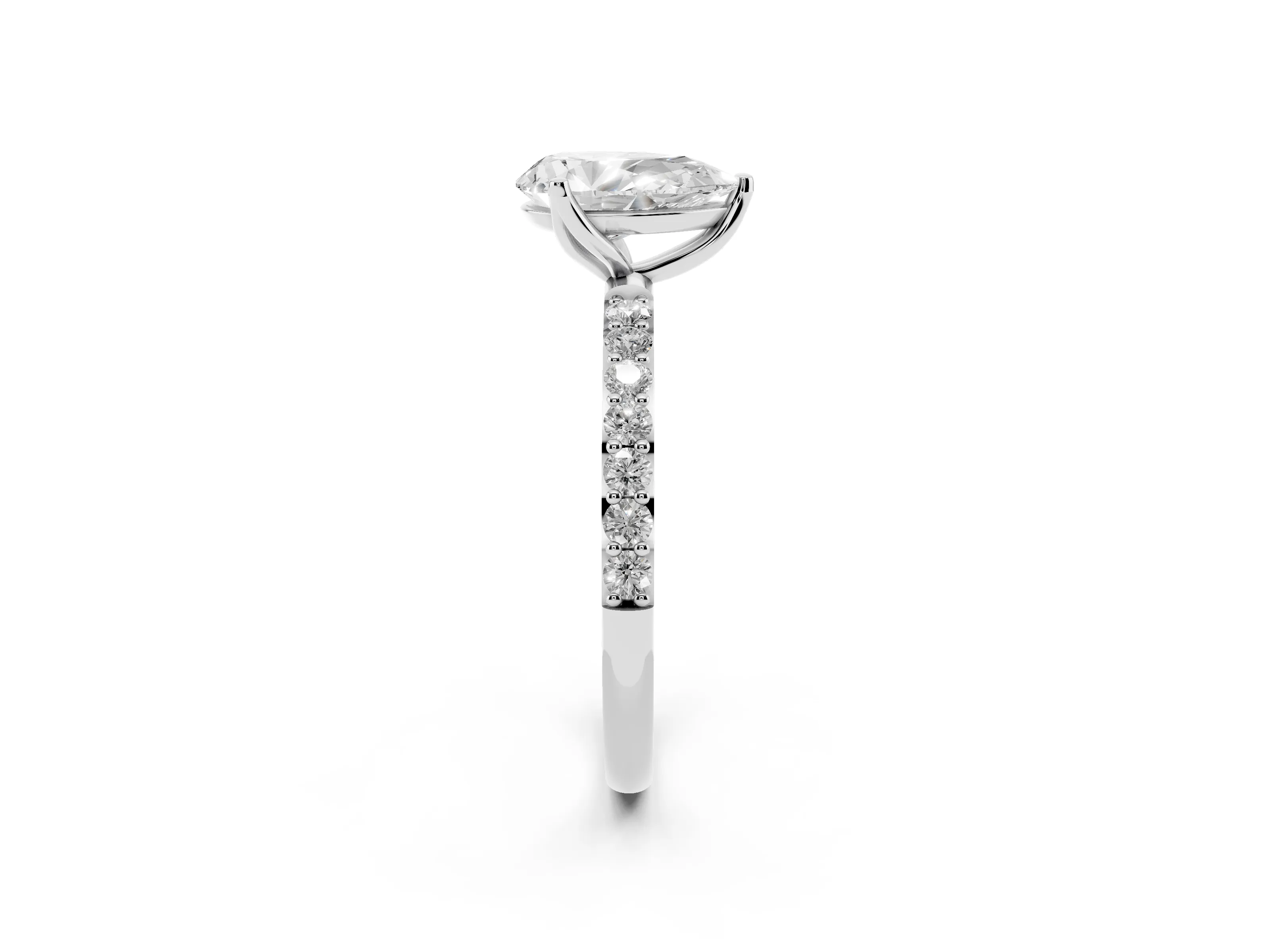 Pear Cut Diamond Solitaire Engagement Ring Set in White gold with Round Pavé Band and Prong Setting