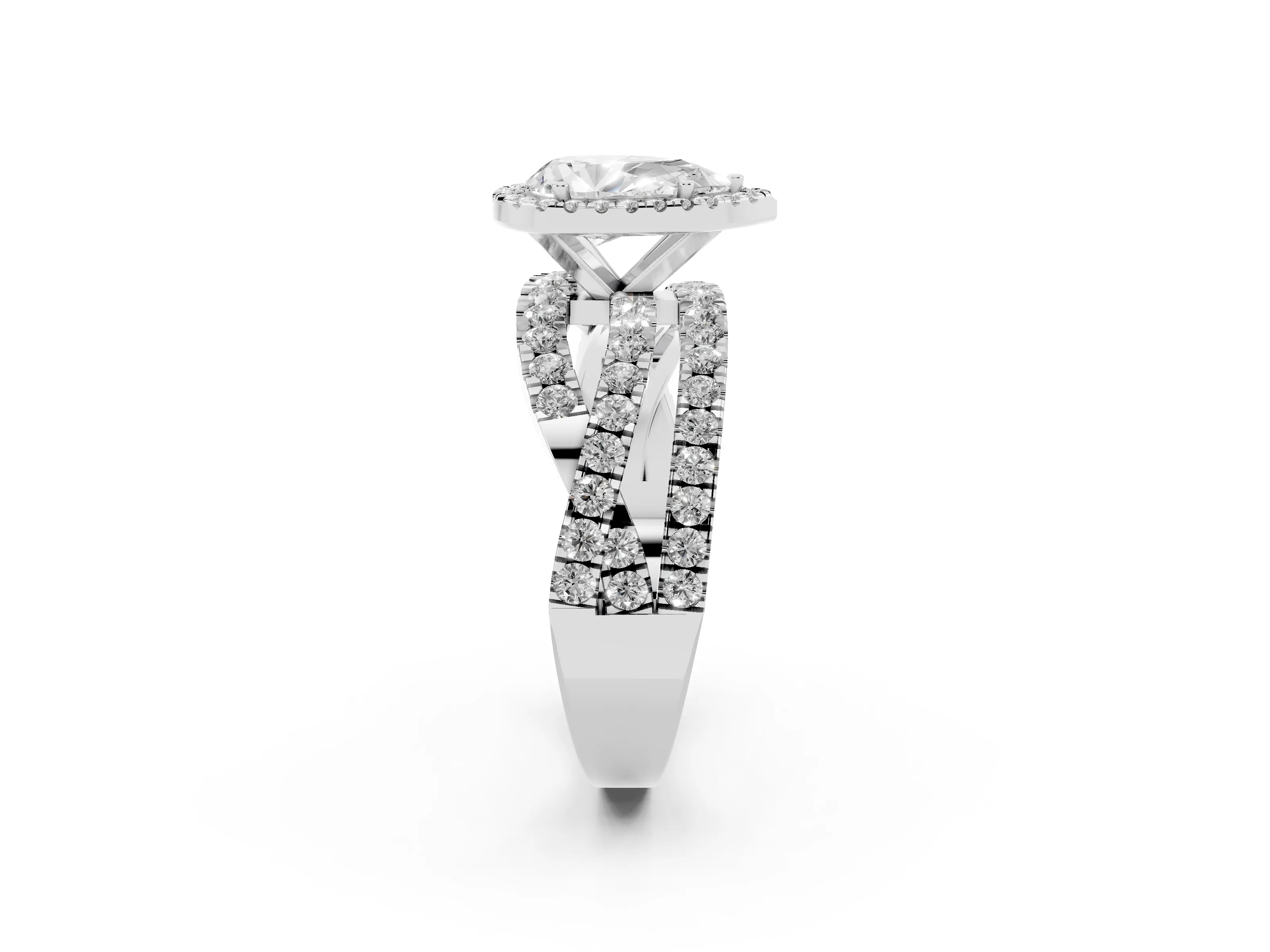 Pear Cut Diamond Halo Ring Set in Platinum with Round Crossover Split Shank and Prong Setting