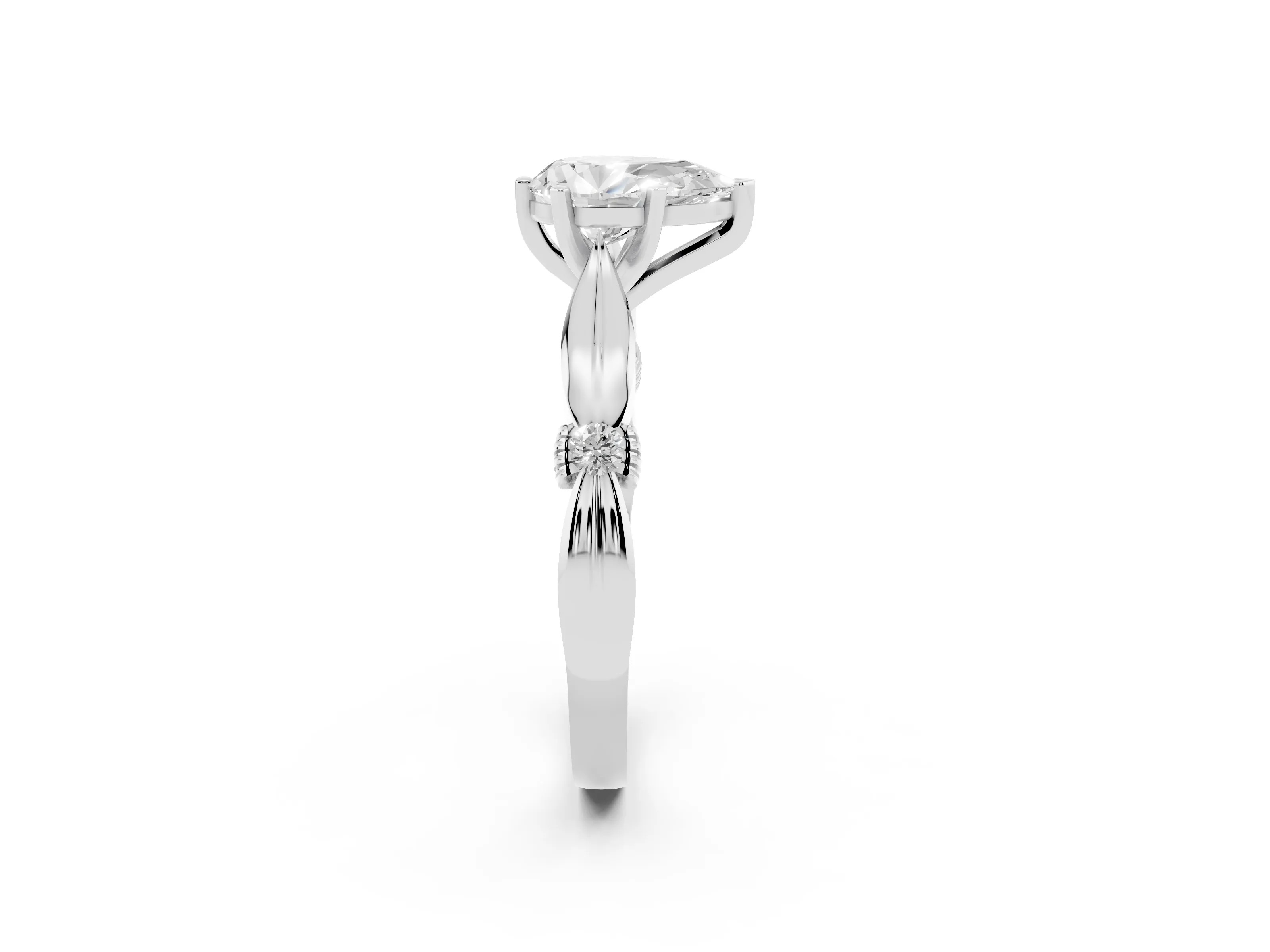 Pear Cut Diamond Solitaire Twisted Band Ring Set in White gold with Accent Stones and Prong Setting