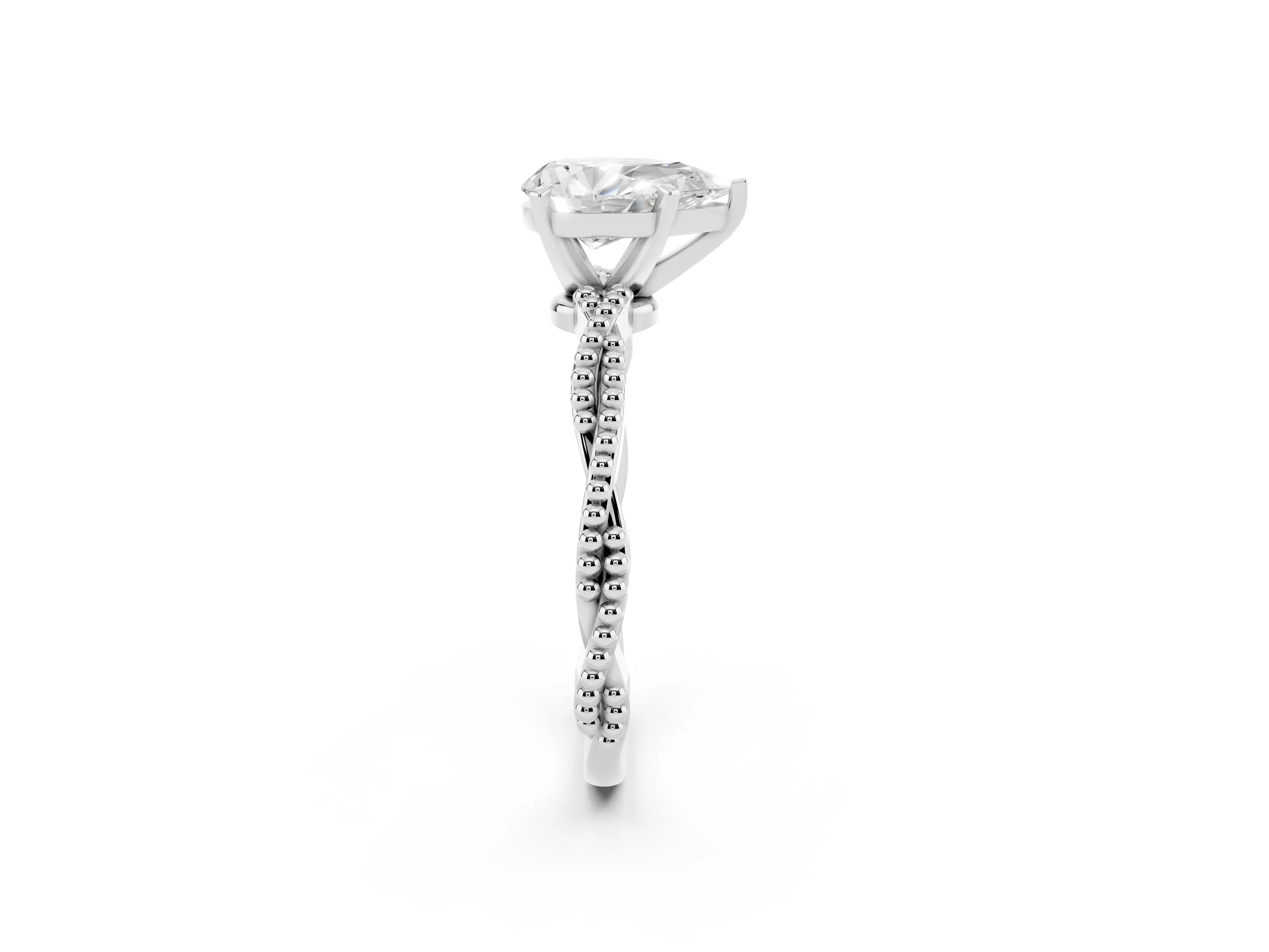 Pear Cut Diamond Solitaire Ring Set in White gold with Twisted Band and Bead Prong Setting