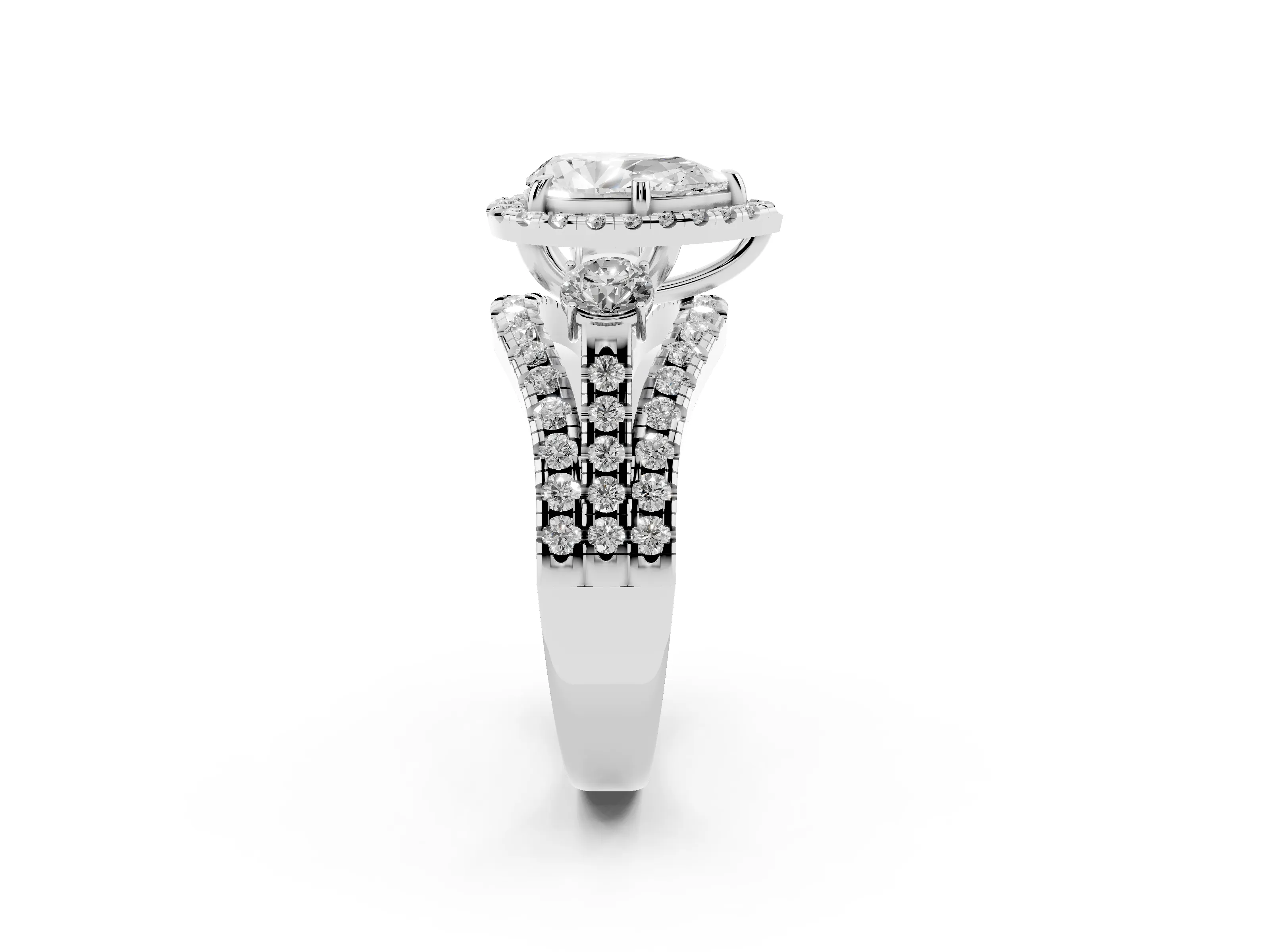 Pear Cut Diamond Halo Split Shank Ring Set in Silver with Round Accent Stones and Prong Setting