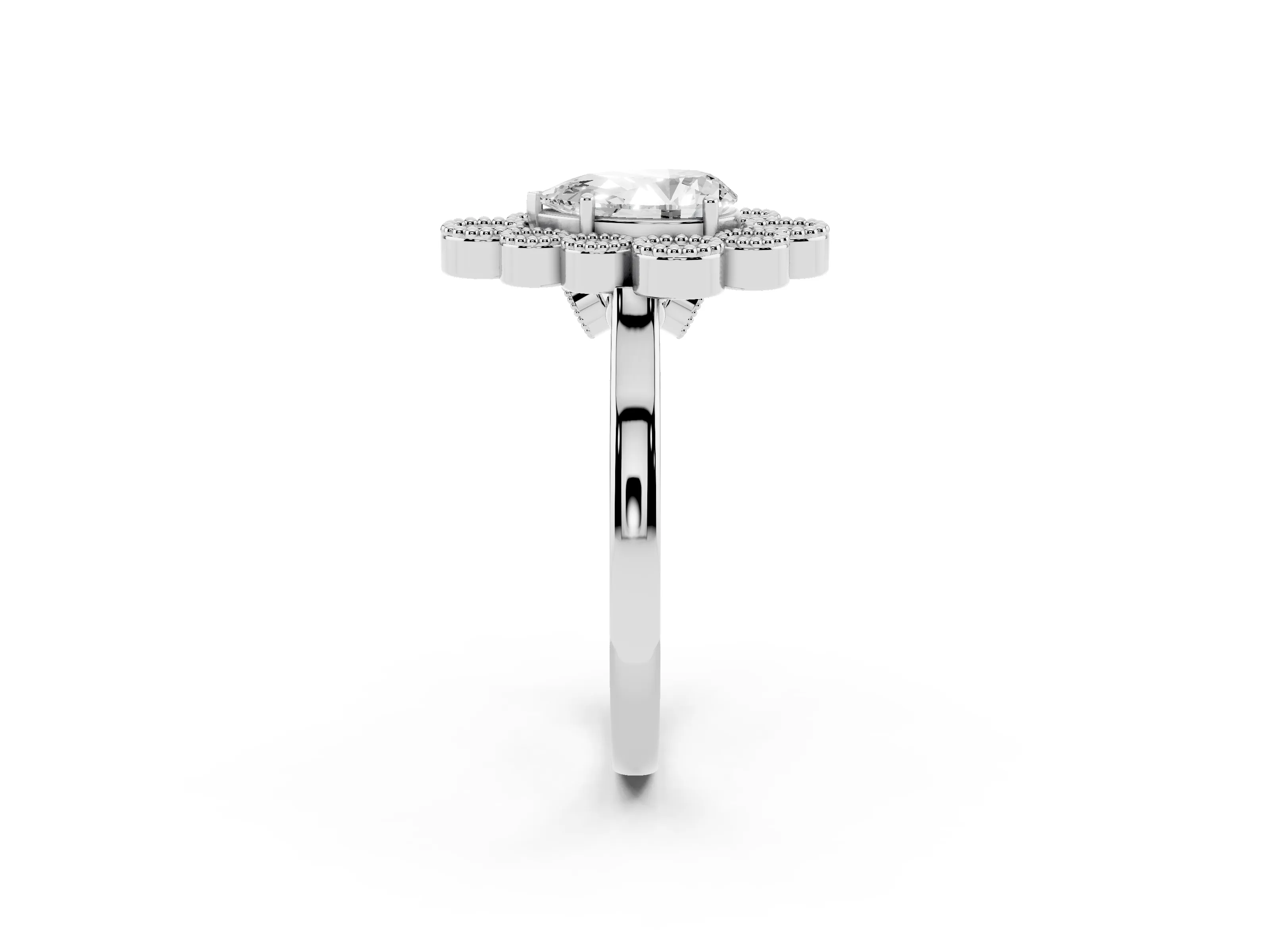 Pear Cut Diamond Cluster Halo Ring Set in White gold with Milgrain Bezel Accents and Plain Band