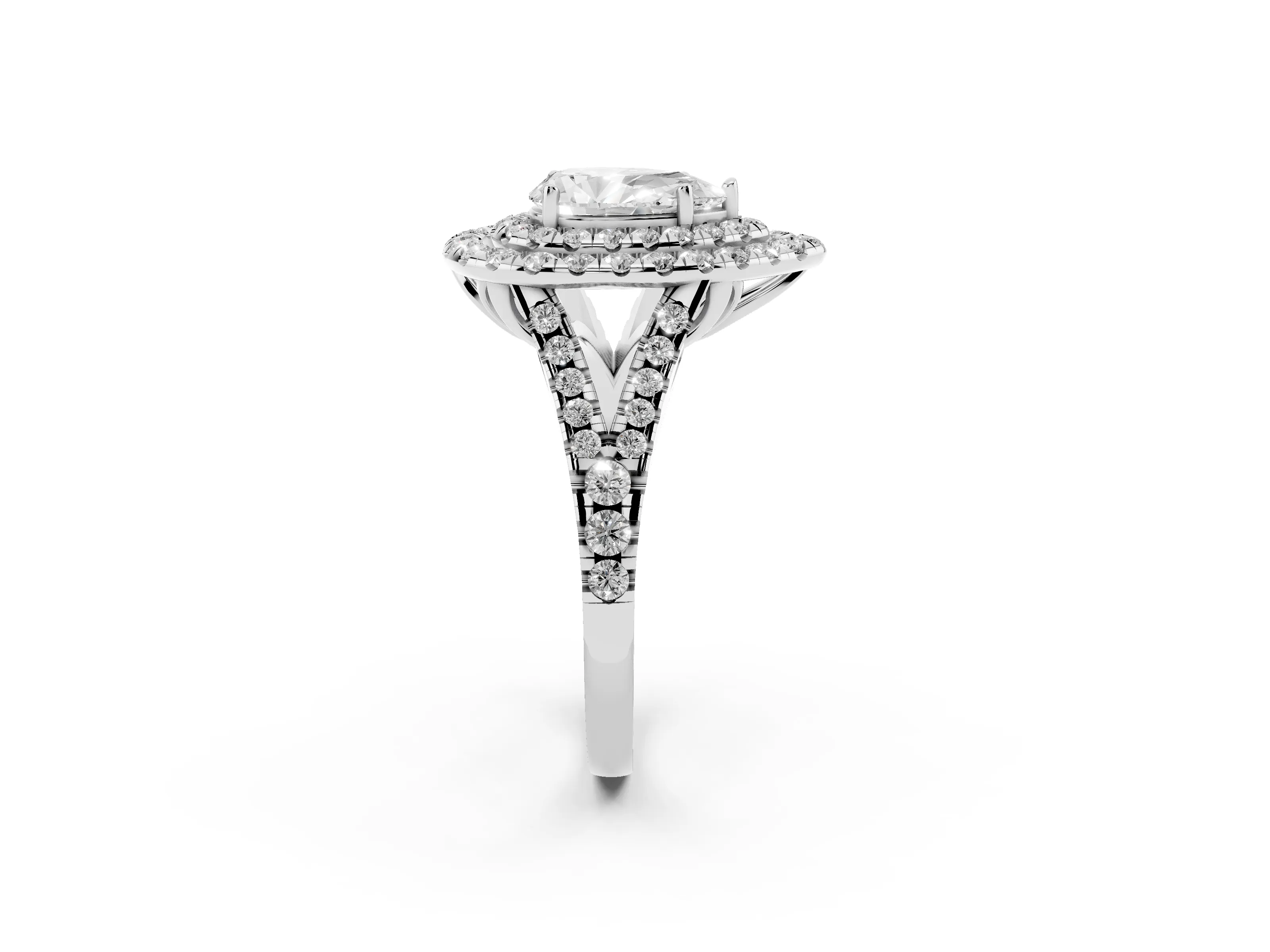 Pear Cut Diamond Double Halo Ring Set in Silver with Pavé Split Shank and Prong Setting