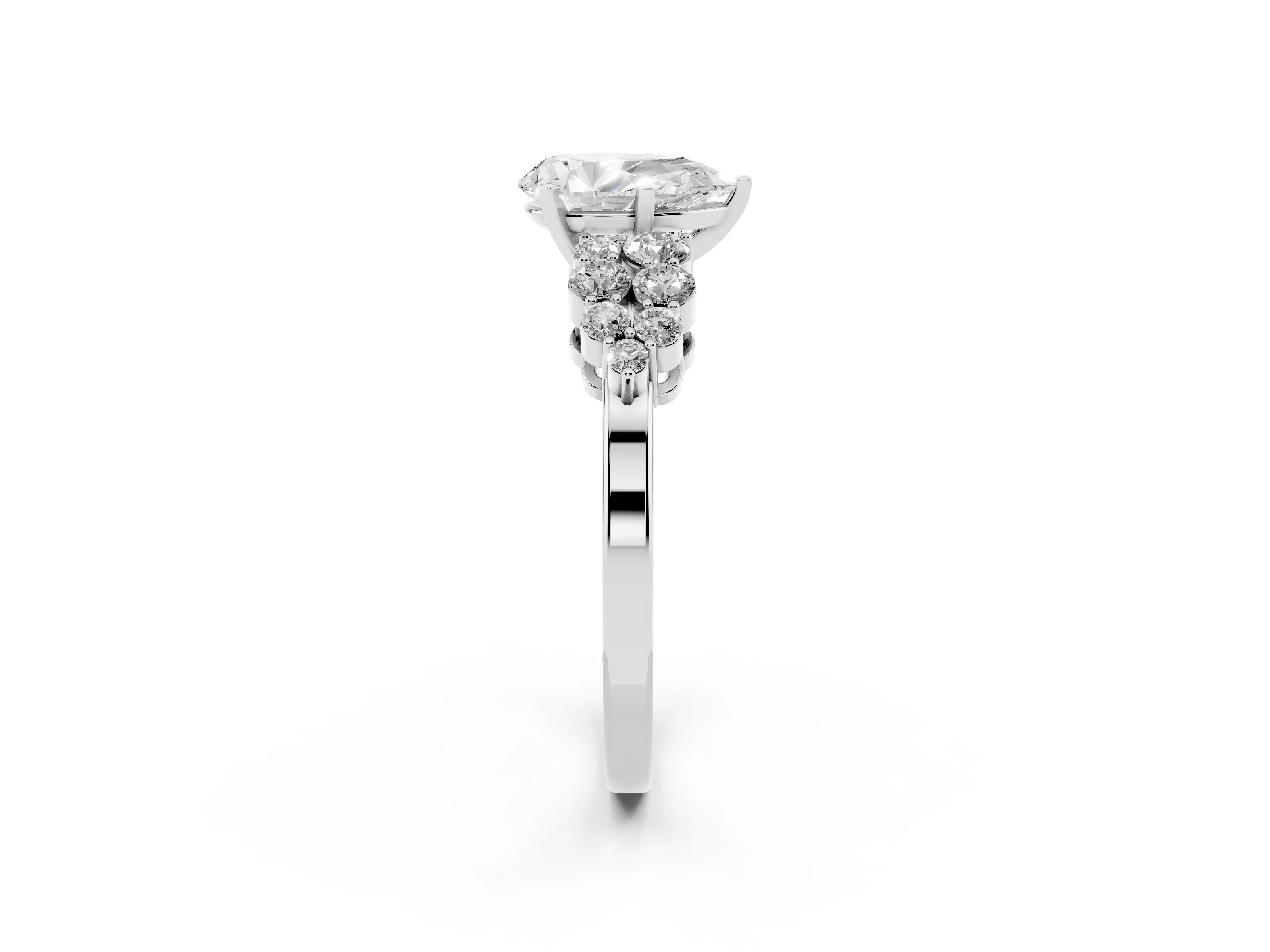 Pear Cut Diamond Cluster Engagement Ring Set in Silver with Pavé Band and Prong Setting