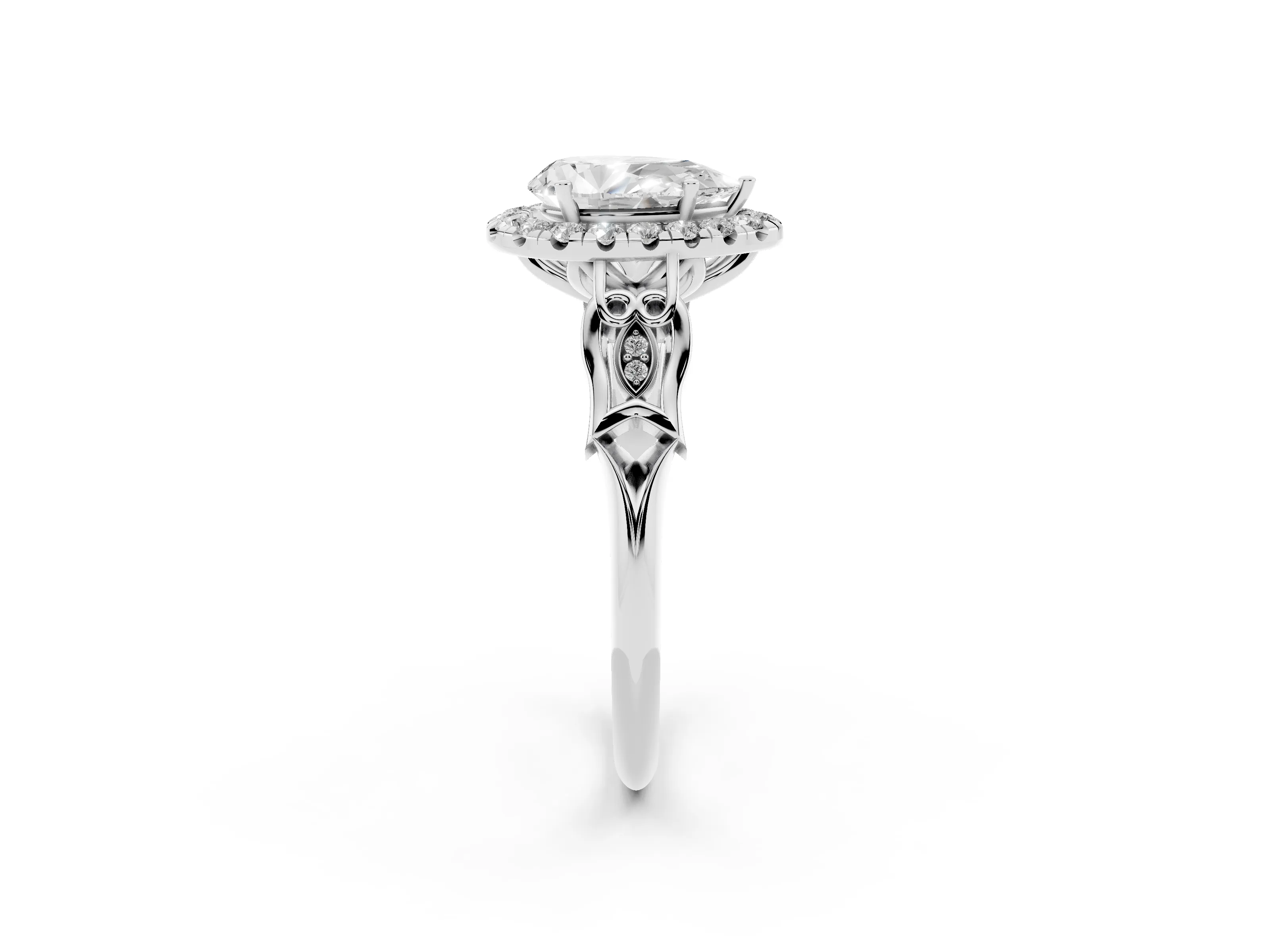 Pear Cut Diamond Halo Engagement Ring Set in White gold with Filigree Band and Prong-Set Center