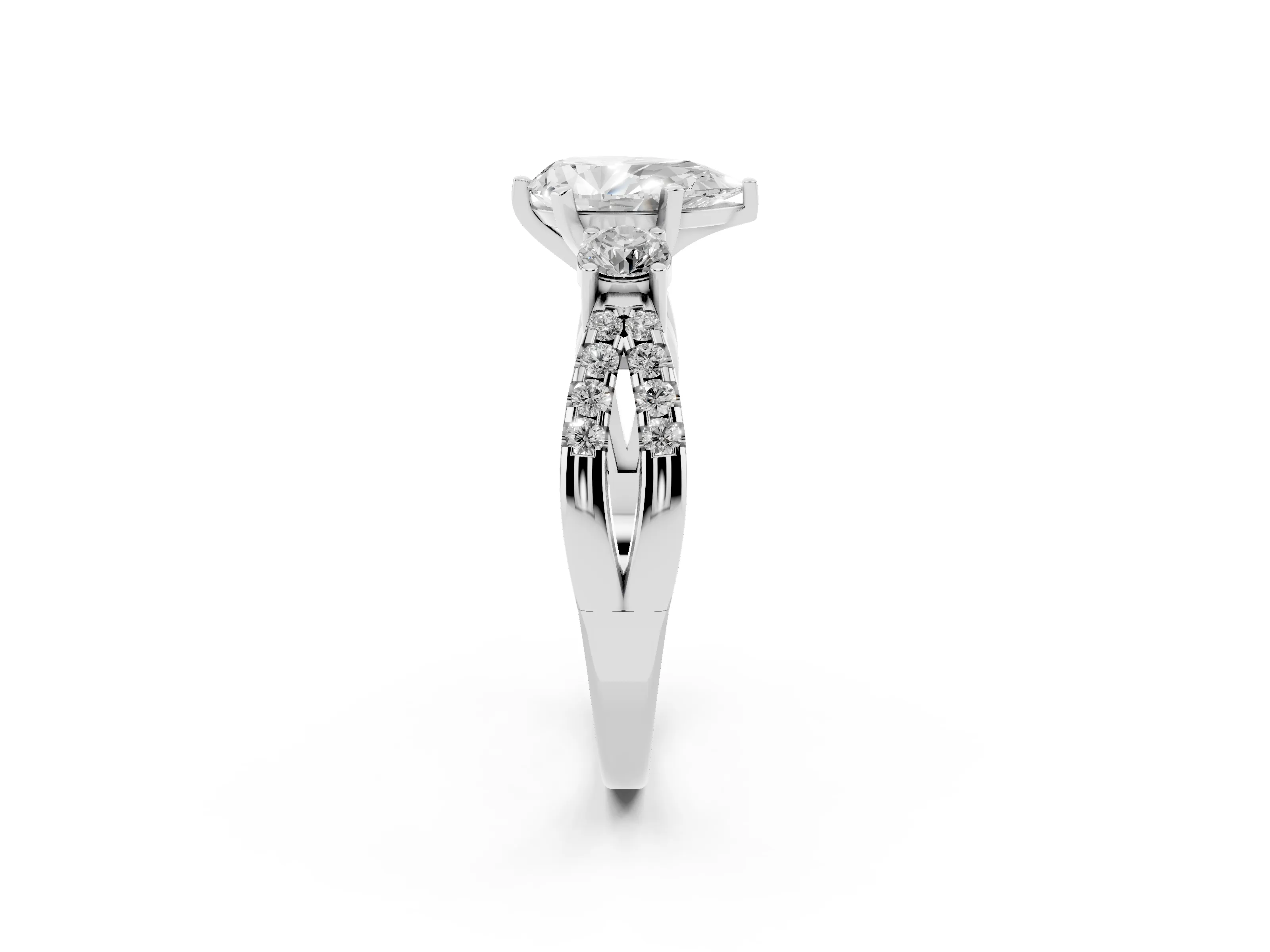 Pear Cut Diamond Three-Stone Ring Set in Silver with Pavé Split Shank and Prong Setting