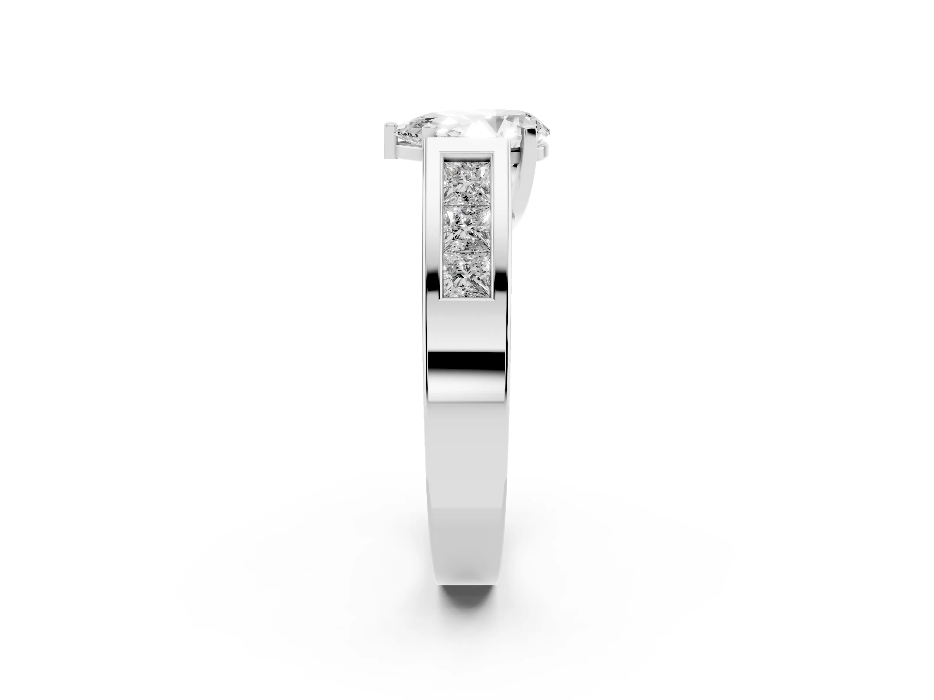 Pear Cut Diamond Solitaire Ring Set in Silver with Channel-Set Accent Stones and Prong Setting