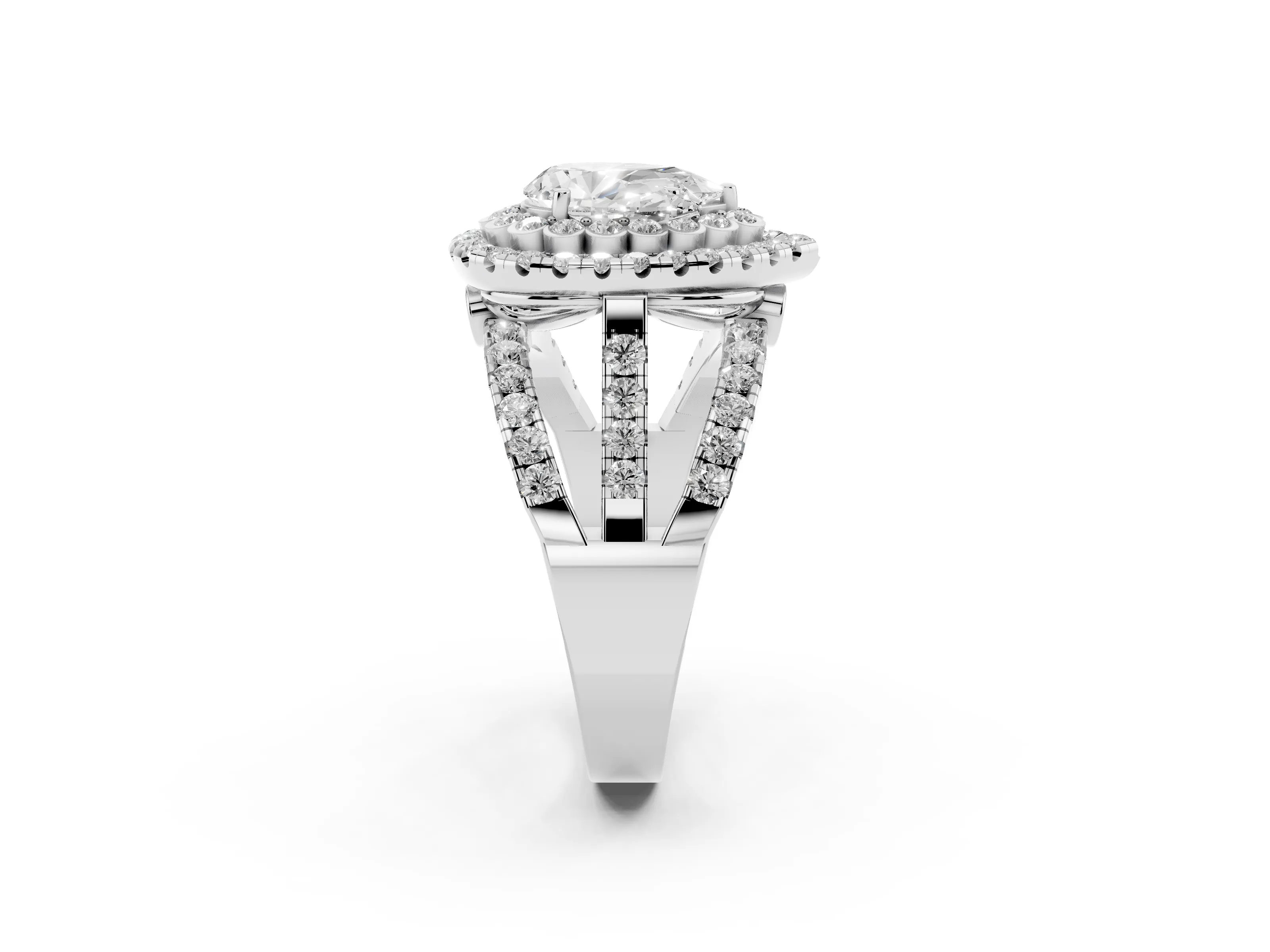 Pear Cut Diamond Double Halo Ring Set in Silver with Round Pavé Split Shank