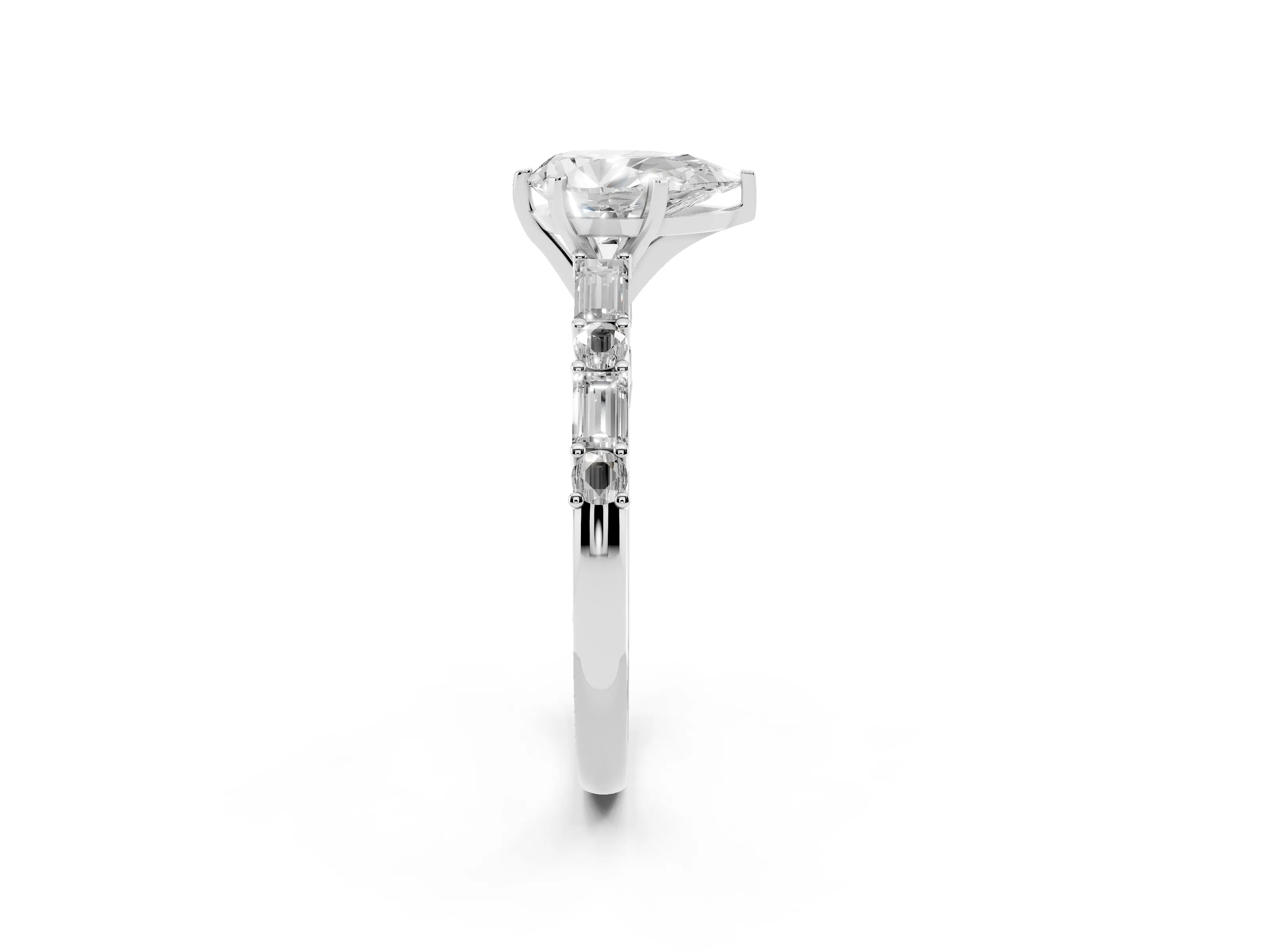Pear Cut Diamond Solitaire Set in Platinum with Side Baguettes and Channel Set Band