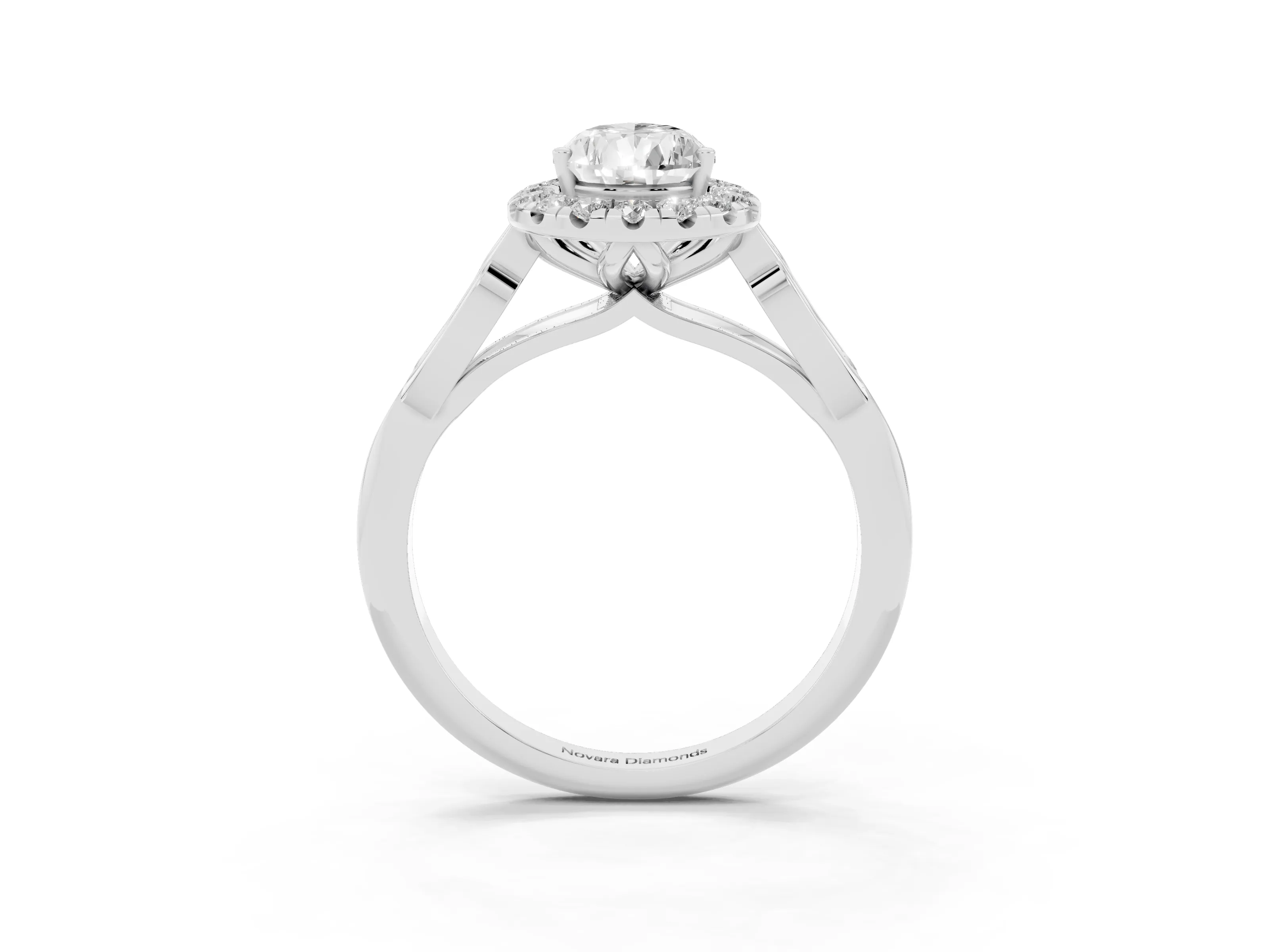 Pear Cut Diamond Halo Engagement Ring Set in White gold with Filigree Band and Prong-Set Center
