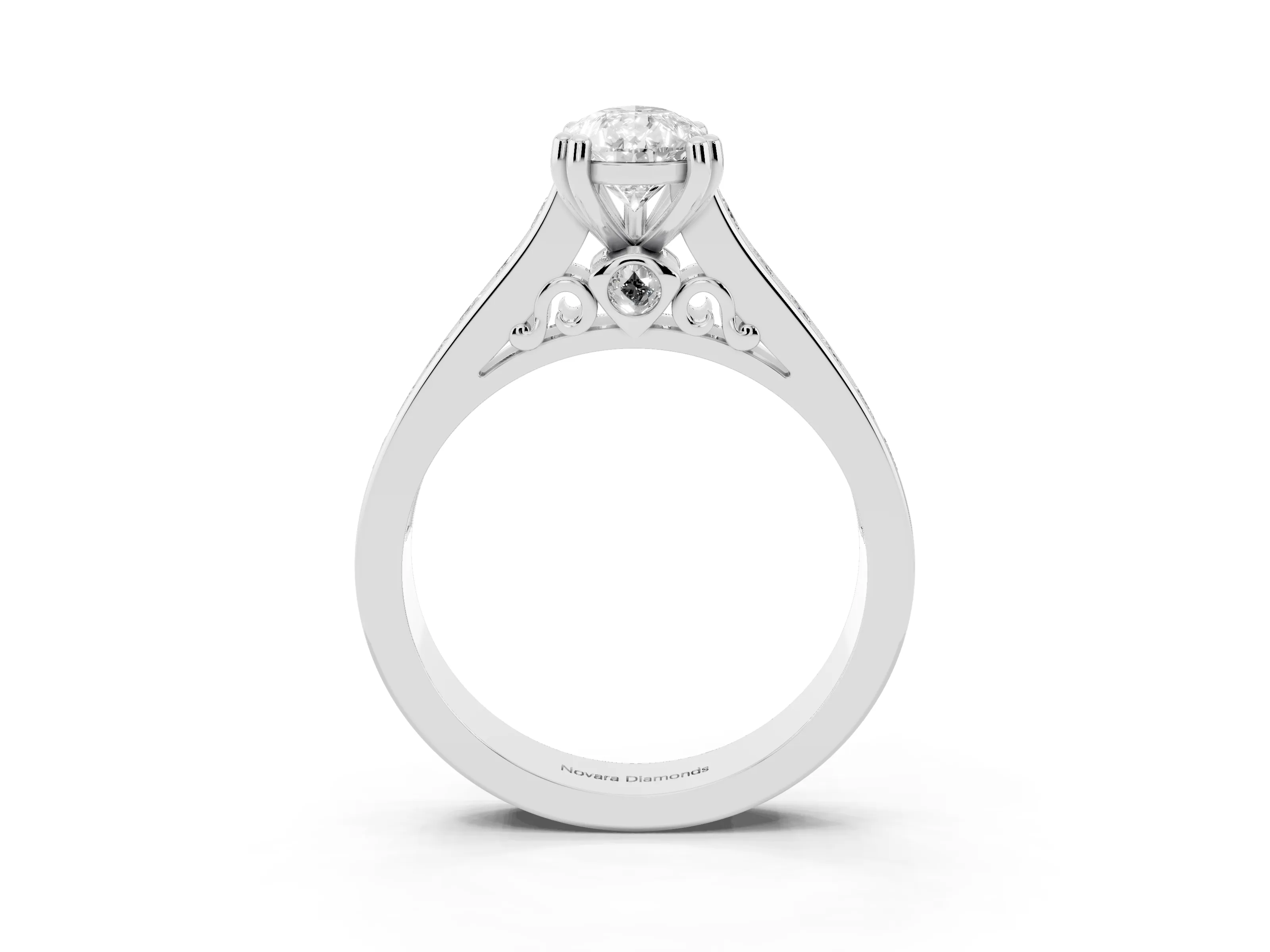 Pear Cut Diamond Channel Set Solitaire Engagement Ring Set in Platinum with Prong Setting
