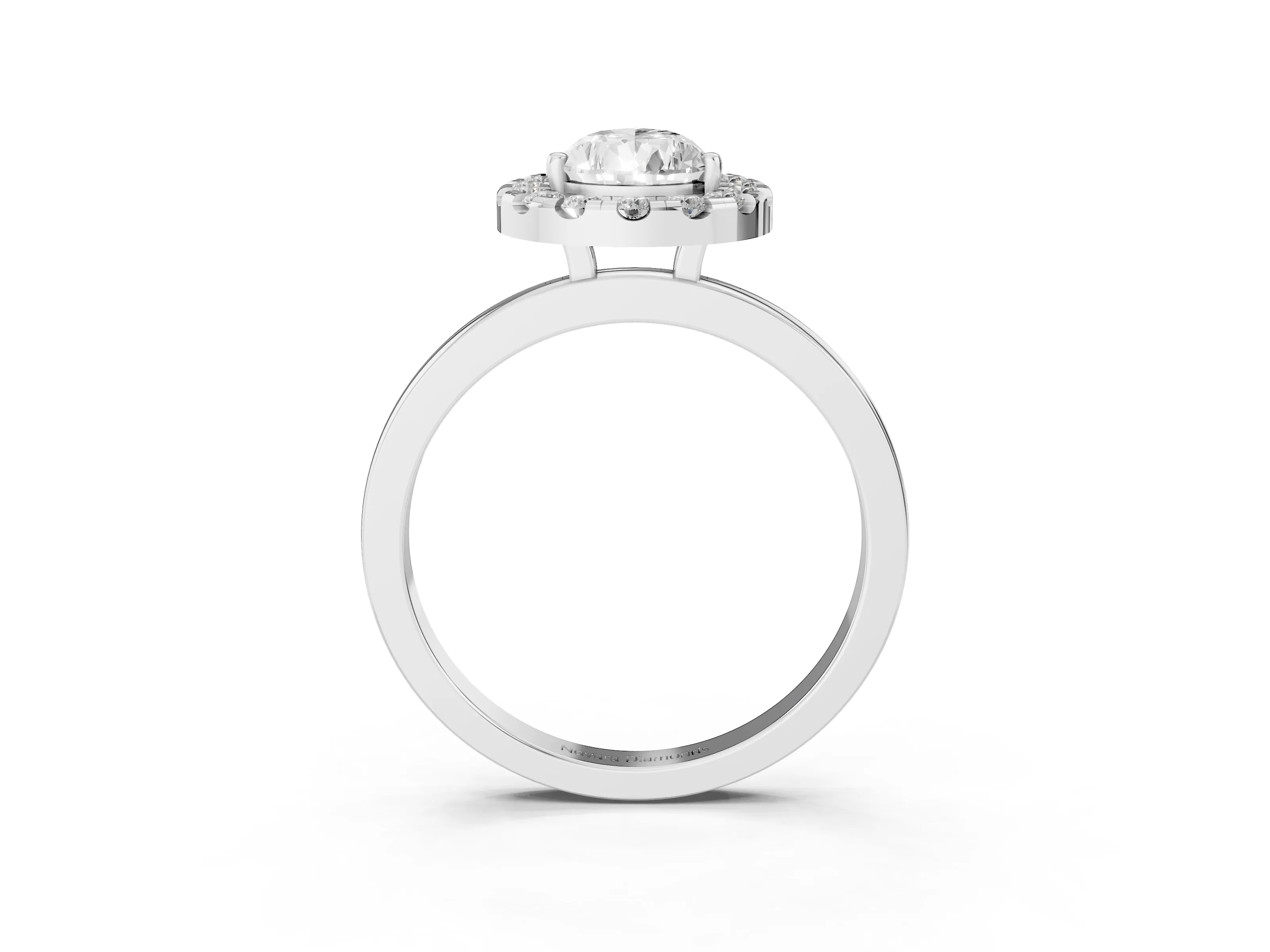 Pear Cut Diamond Halo Solitaire Ring Set in White gold with Pavé Band and Prong Setting