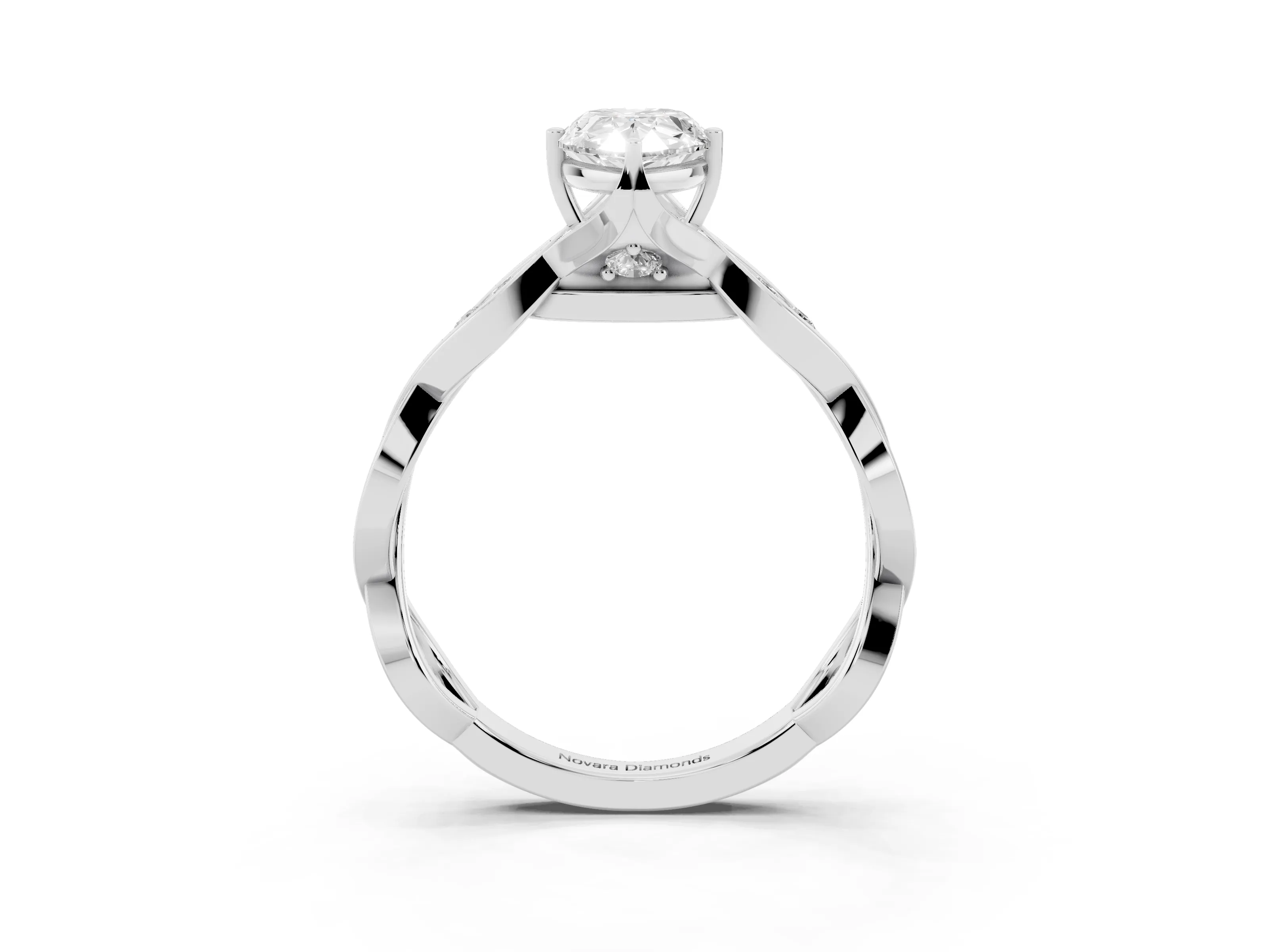 Pear Cut Diamond Twist Band Solitaire Ring Set in Silver with Leaf Prong Setting and Accent Stones