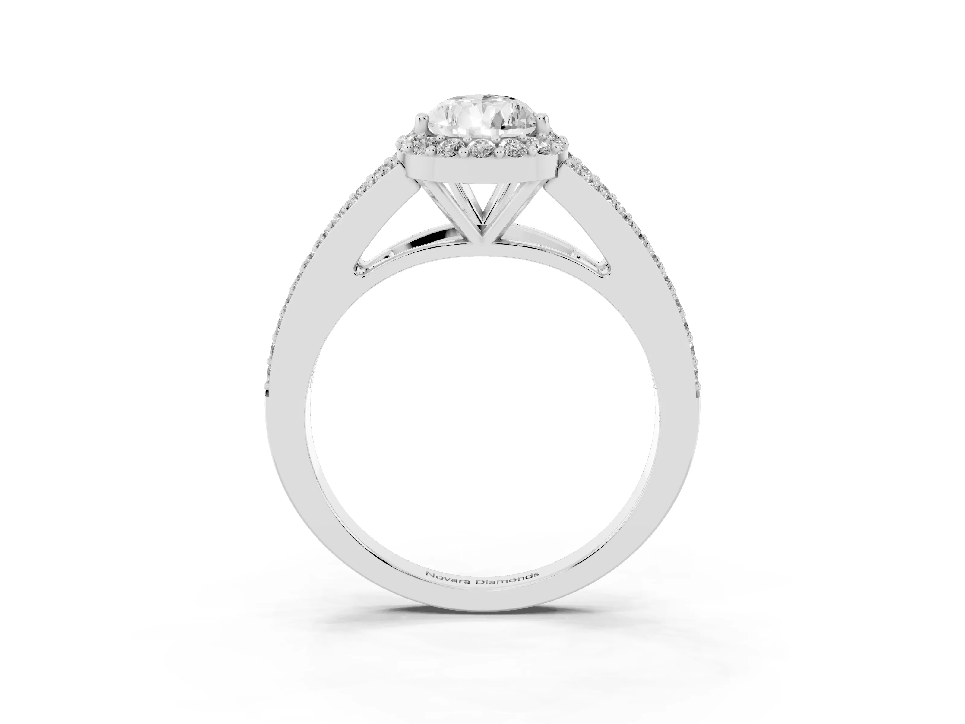 Pear Cut Diamond Halo Split Shank Pavé Ring Set in Silver with Prong Setting