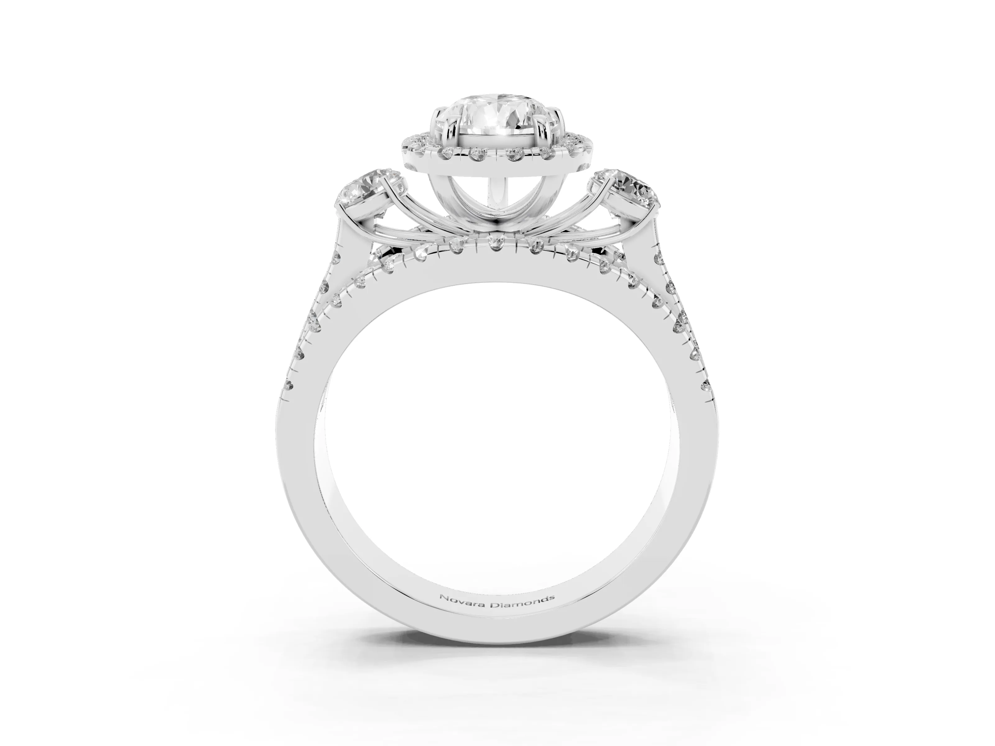 Pear Cut Diamond Halo Split Shank Ring Set in Silver with Round Accent Stones and Prong Setting
