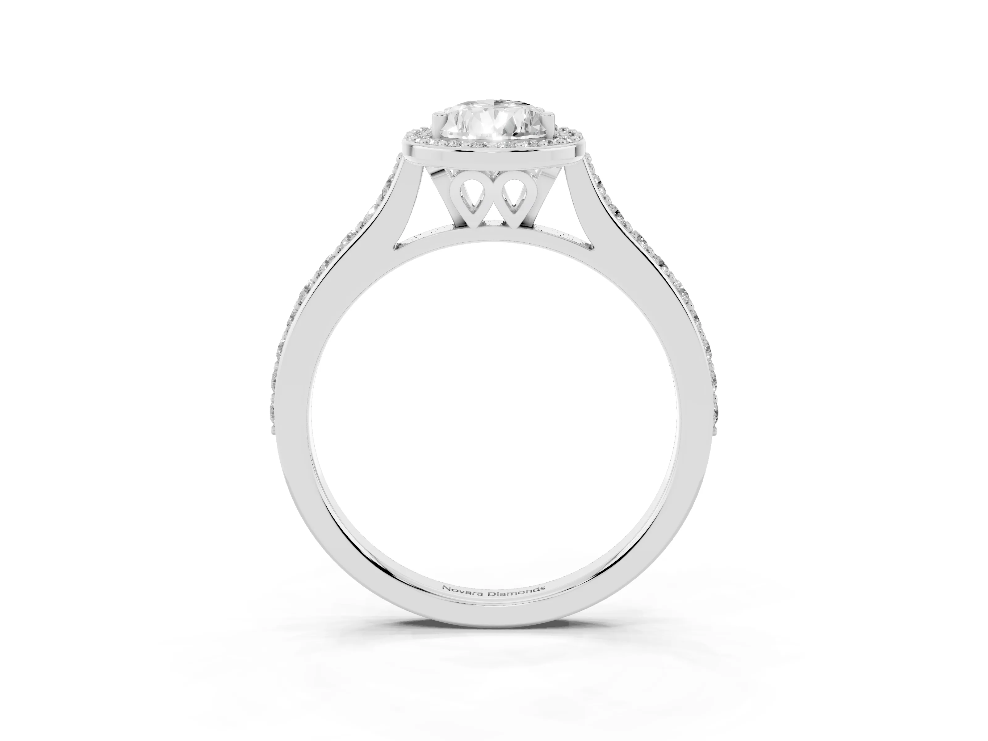 Pear Cut Diamond Halo Engagement Ring Set in White gold with Round Pavé Shoulders and Heart Gallery