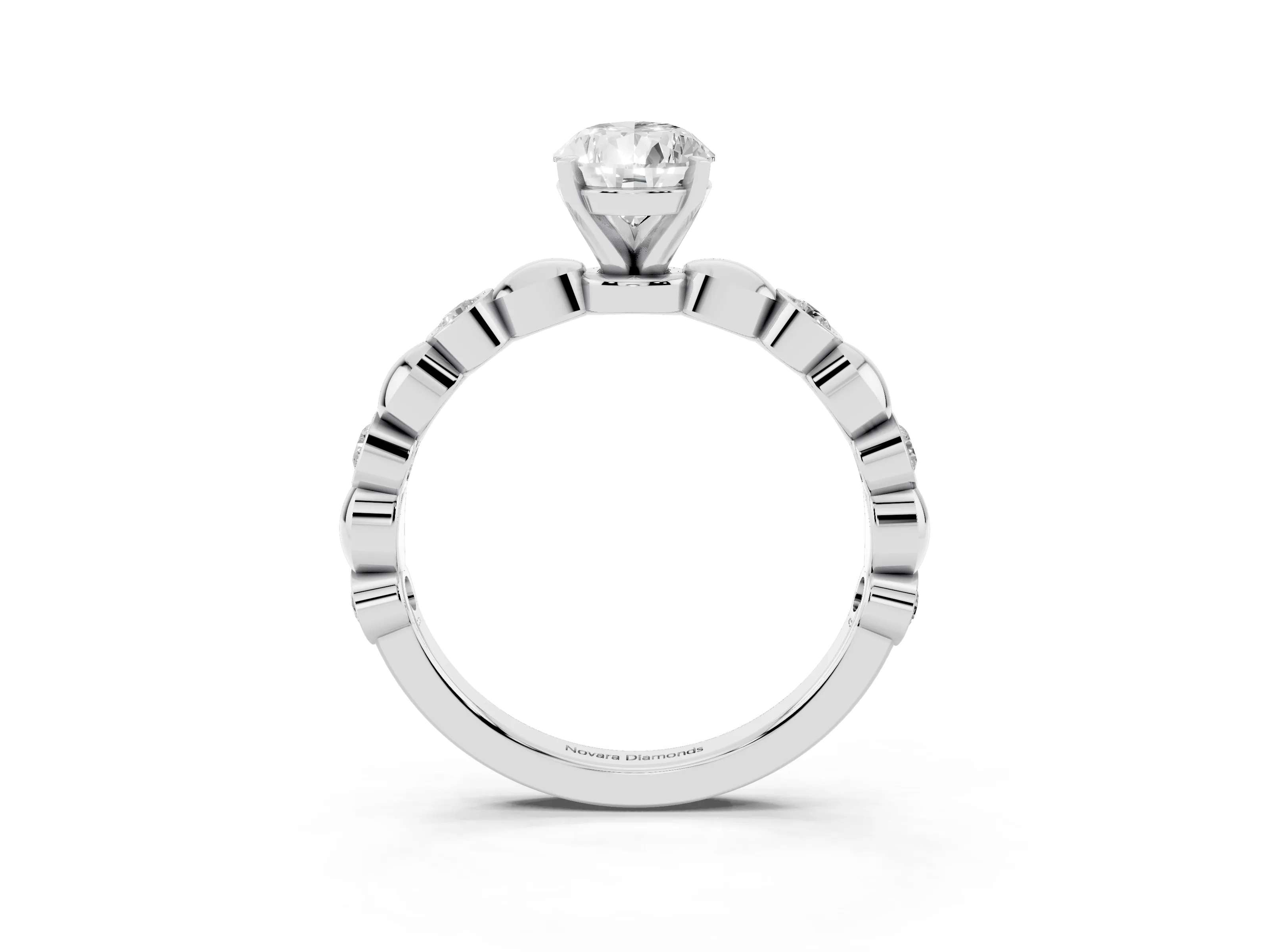 Pear Cut Diamond Solitaire Ring Set in White gold with Bezel-Set Accents on Beaded Band and Prong Setting