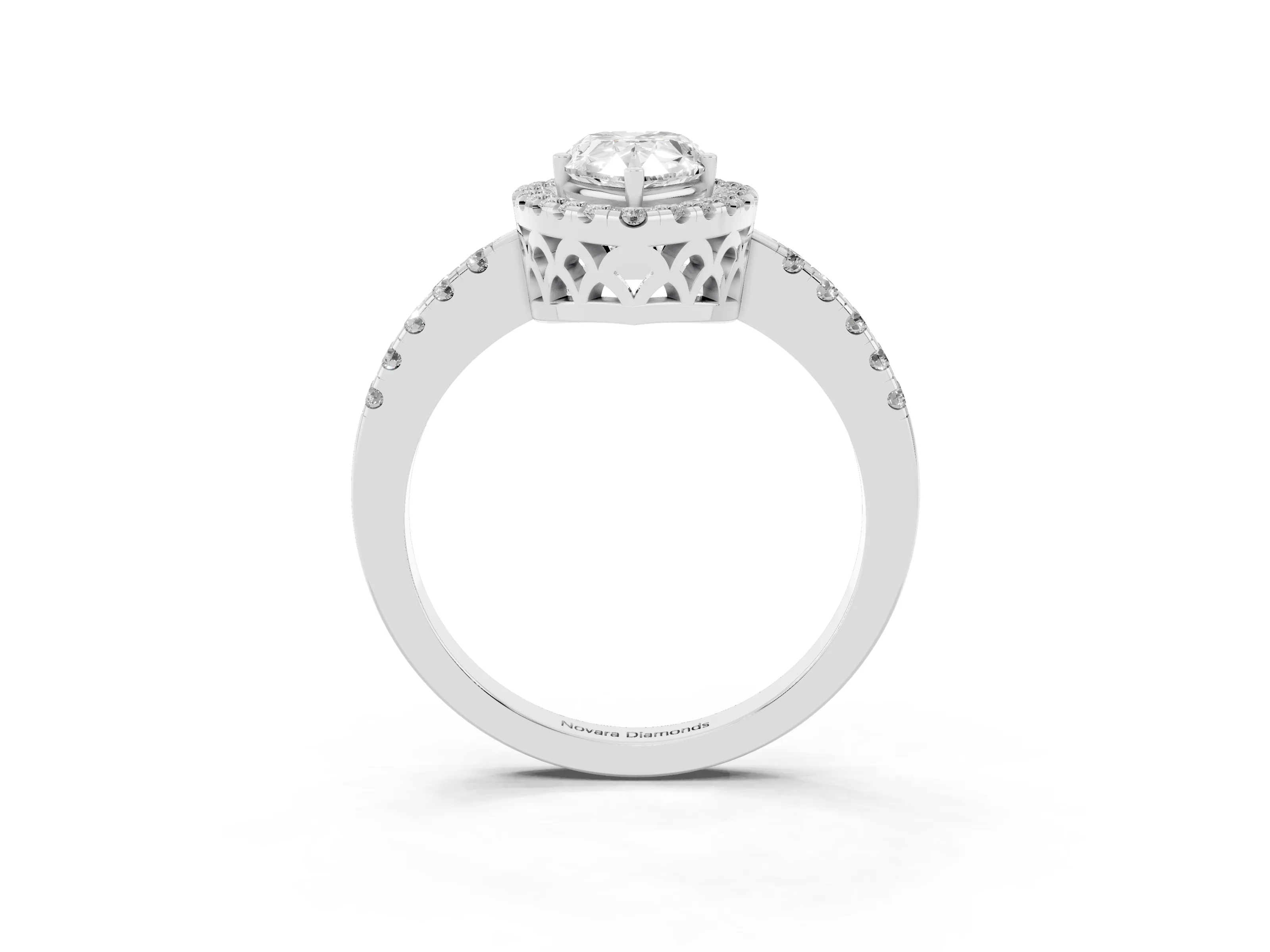 Pear Cut Diamond Pavé Band Halo Engagement Ring Set in Silver with Prong Setting