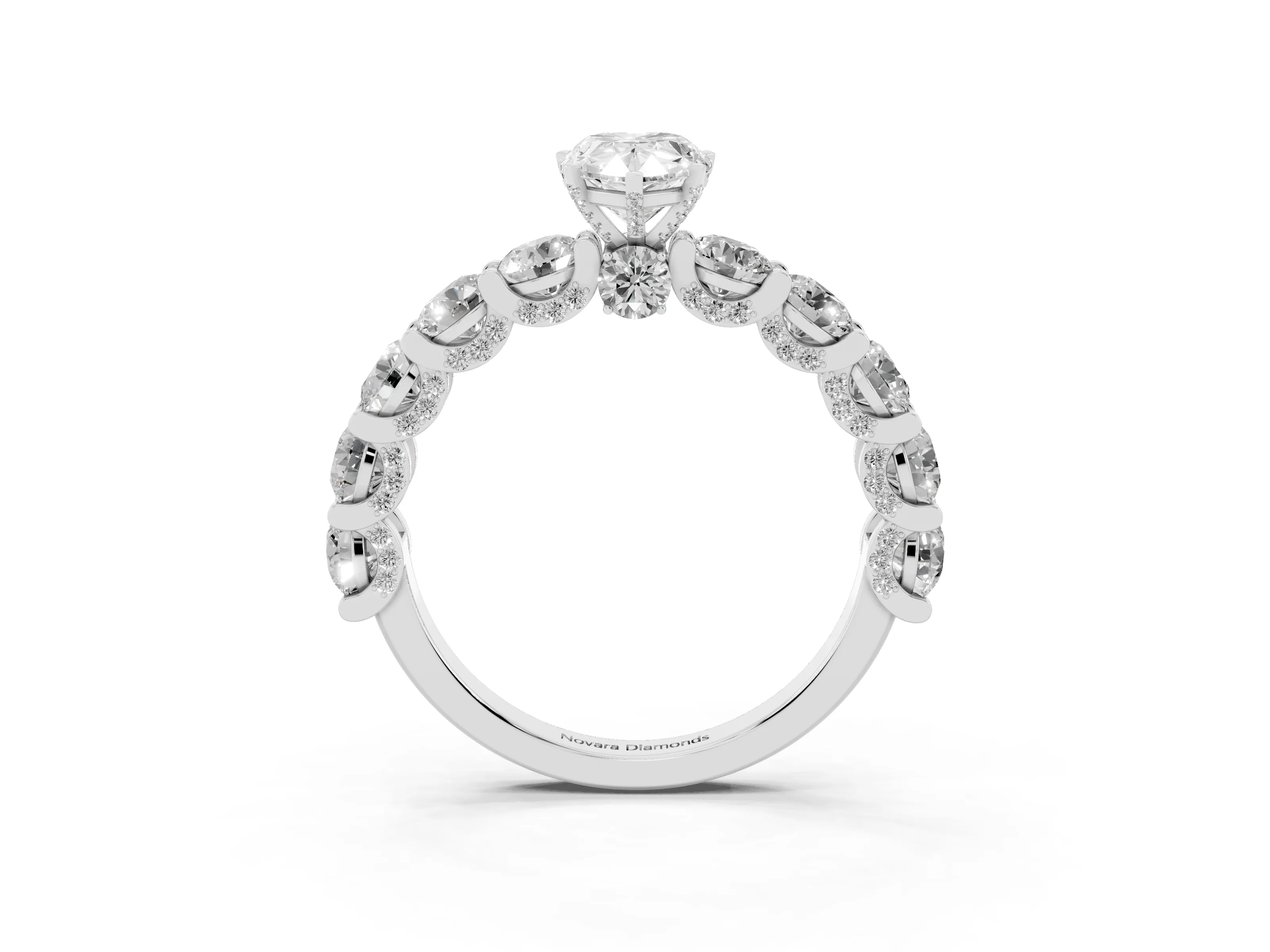Pear Cut Diamond Side Stone Ring Set in White gold with Alternating Round and Oval Side Stones