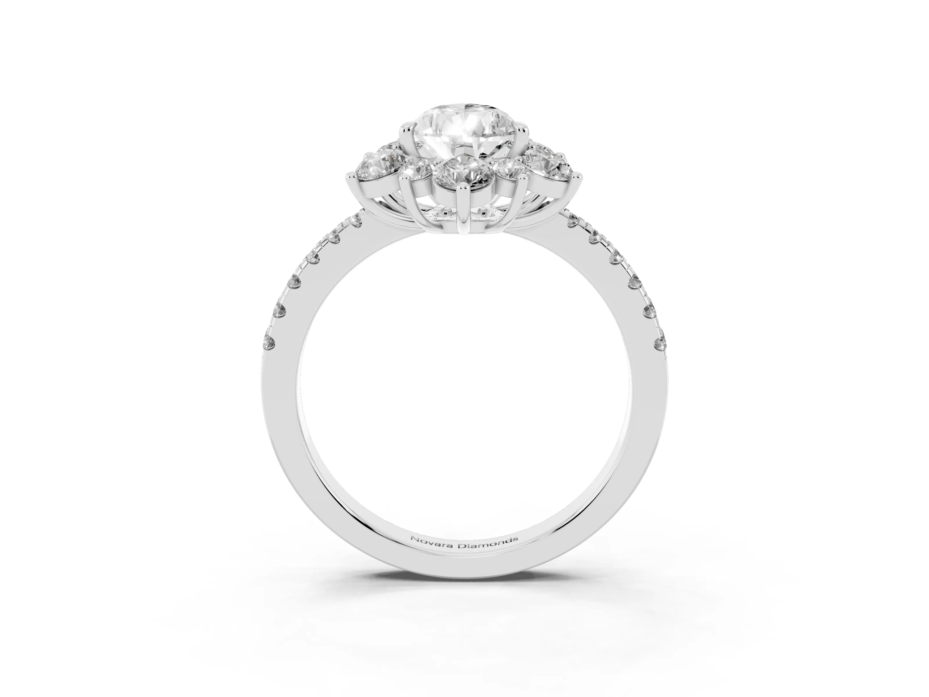 Pear Cut Diamond Floral Halo Ring Set in White gold with Round Pavé Band and Prong Setting