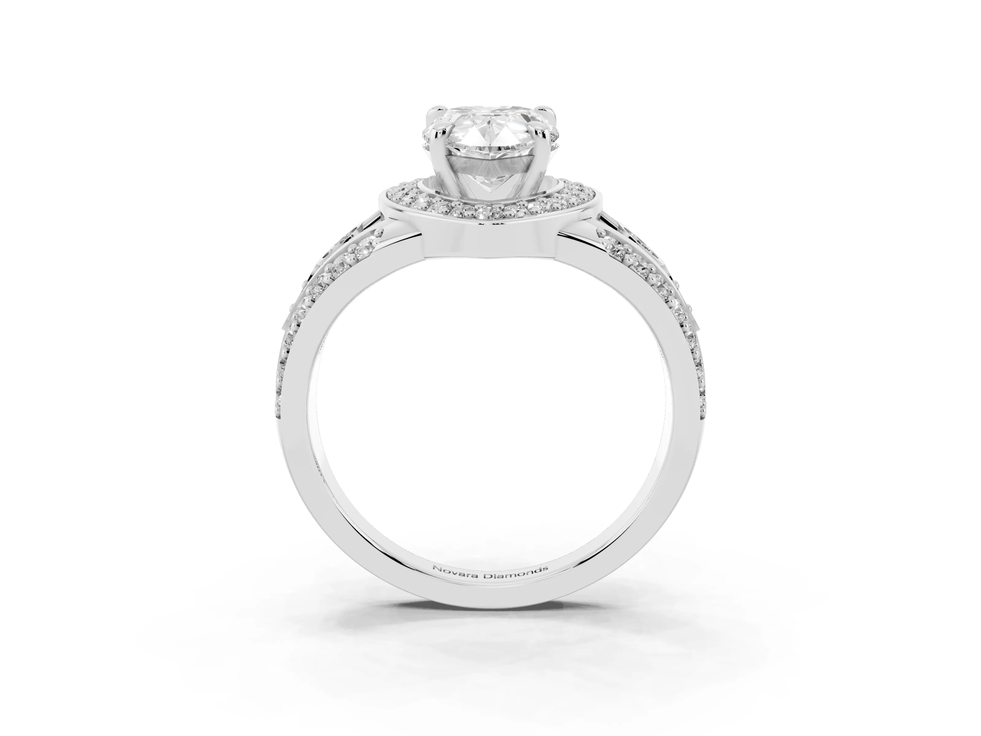Pear Cut Diamond Halo Ring Set in White gold with Pavé Split Shank and Bezel Accents