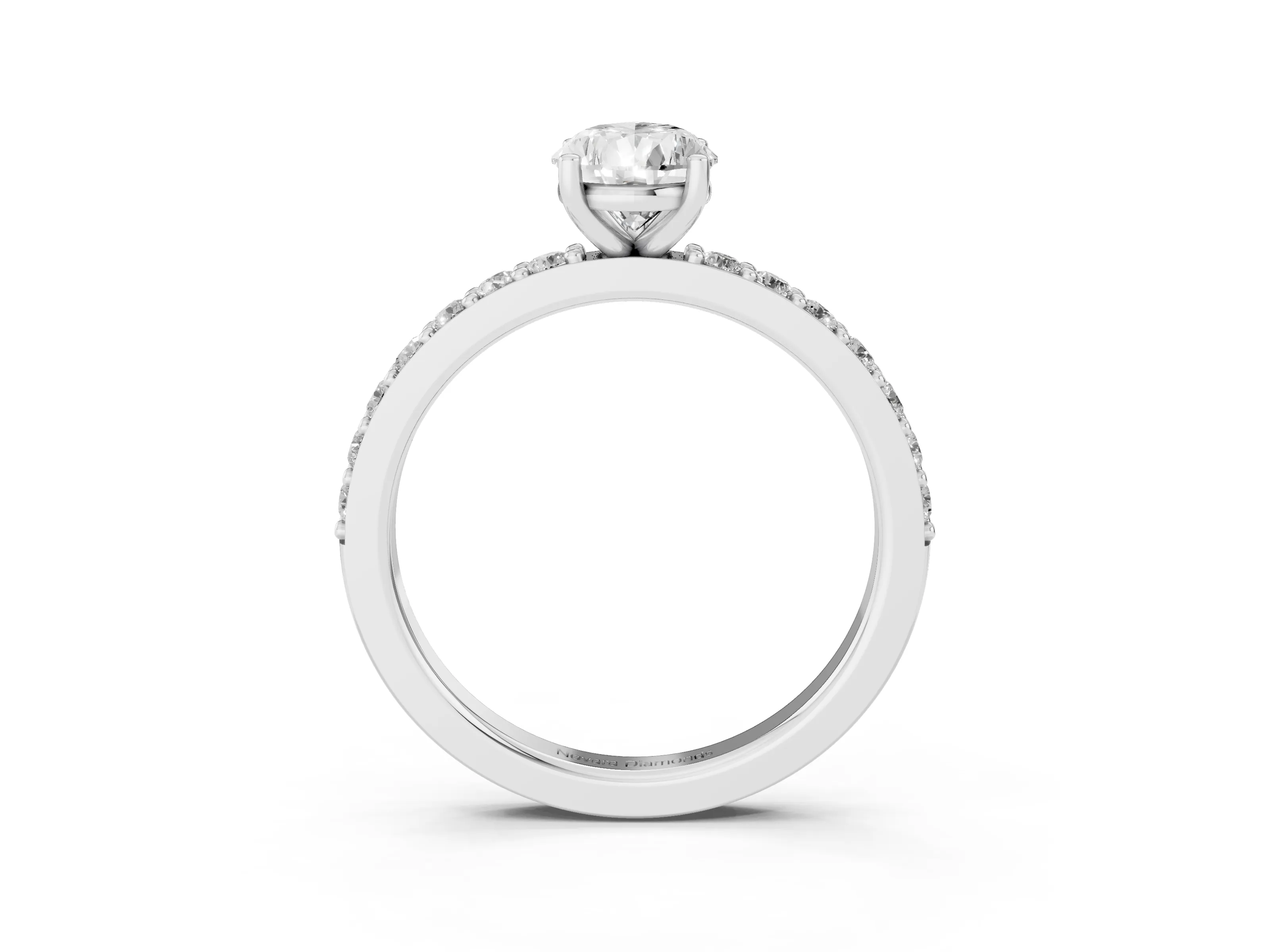 Pear Cut Diamond Solitaire Set in White gold with Round Pavé Band and Prong Setting