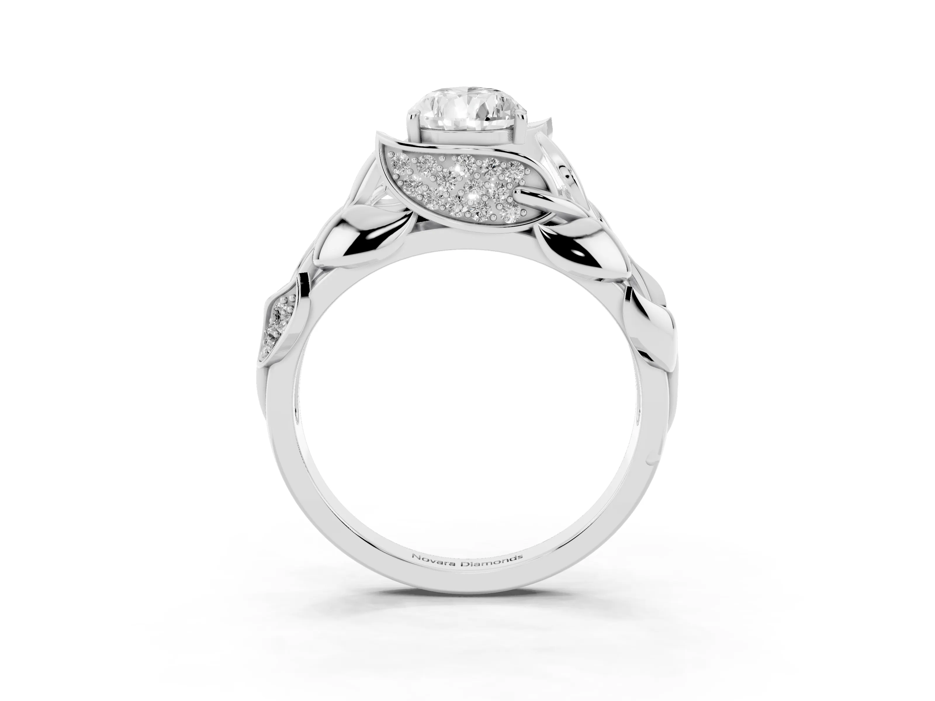 Pear Cut Diamond Leaf-Inspired Engagement Ring Set in Silver with Round Accents