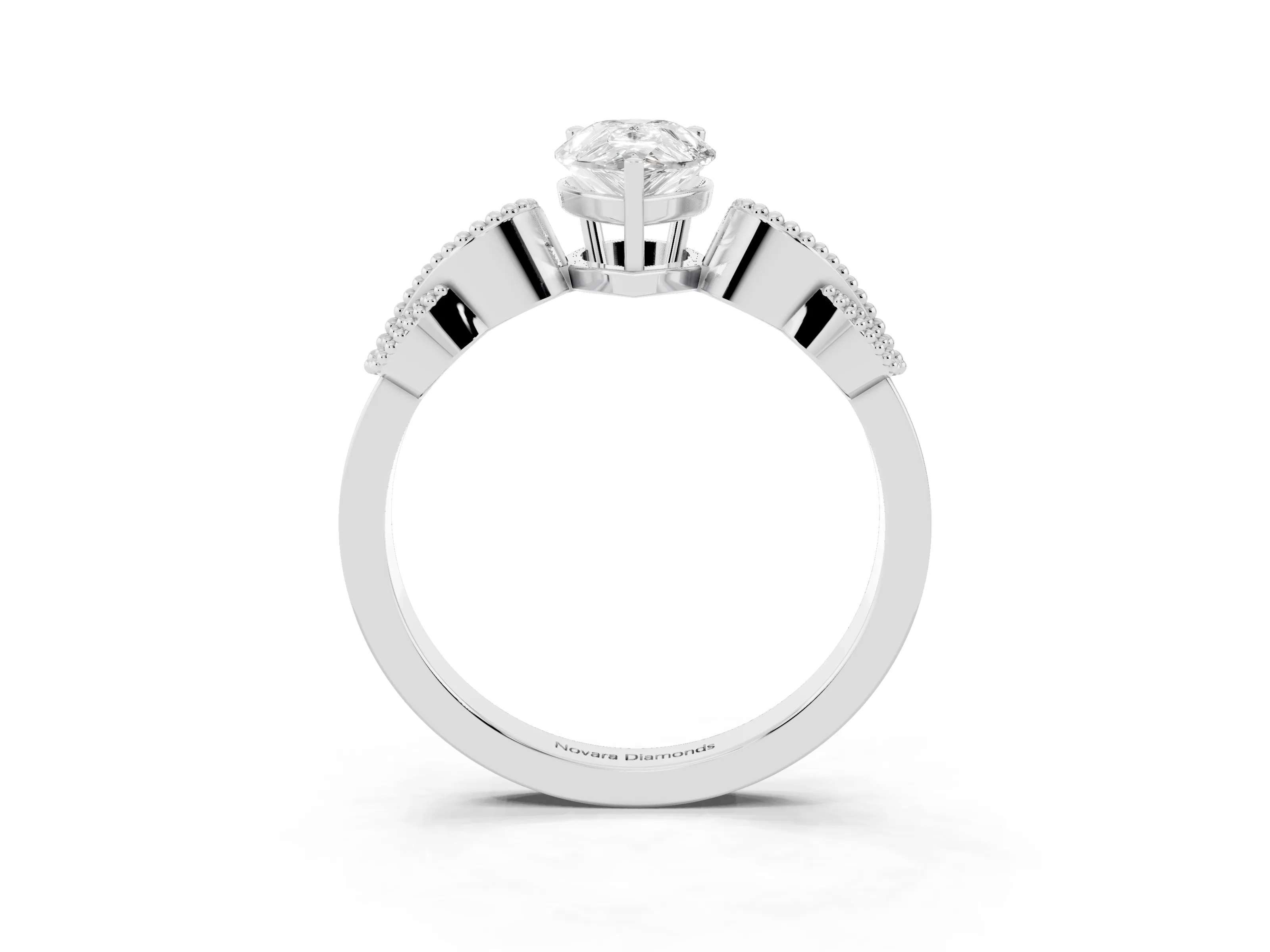 Pear Cut Diamond Milgrain Leaf Band Solitaire Ring Set in White gold with Accent Stones and Prong Setting