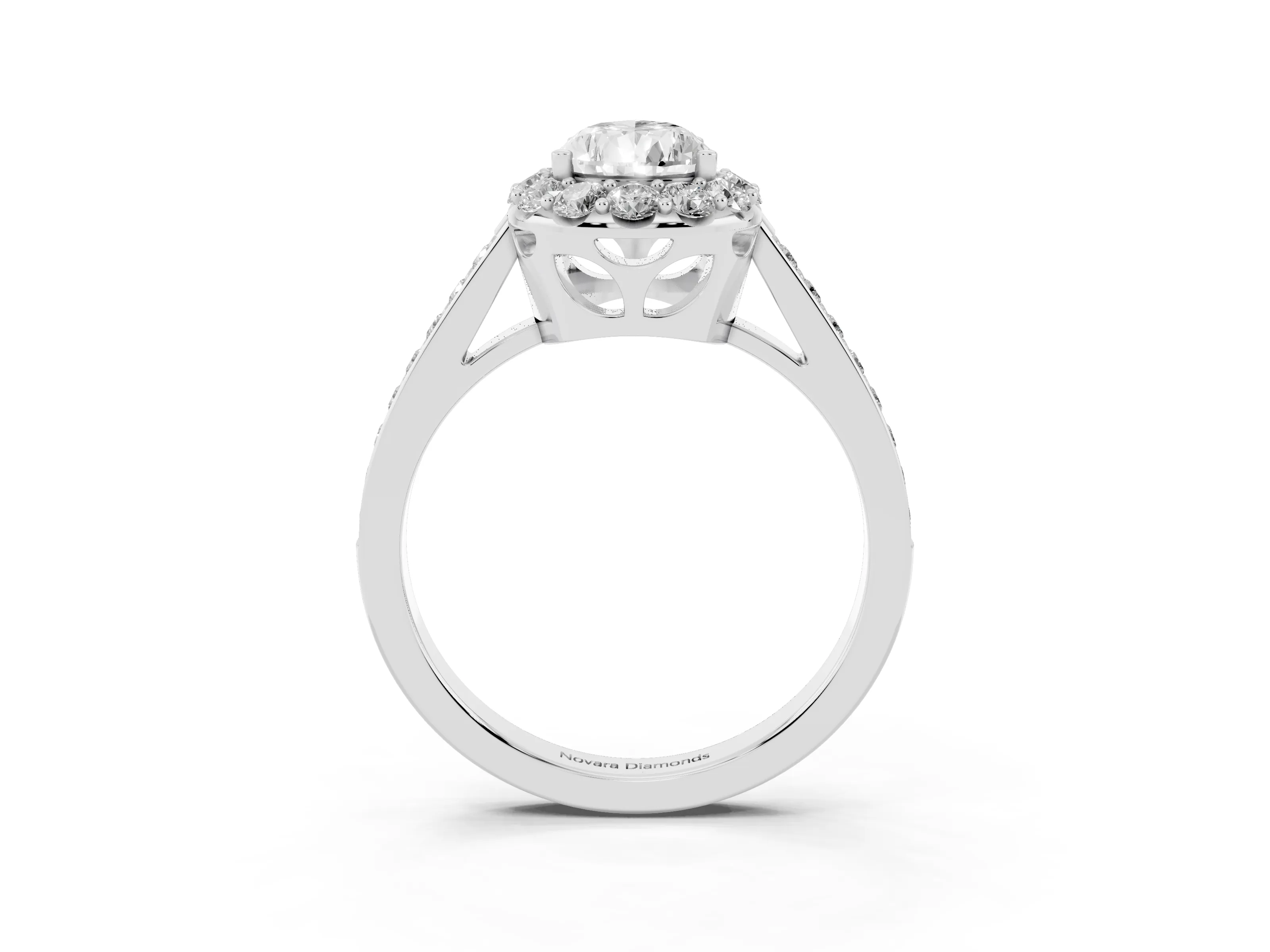 Pear Cut Diamond Floral Halo Ring Set in White gold with Pavé Band and Prong Setting