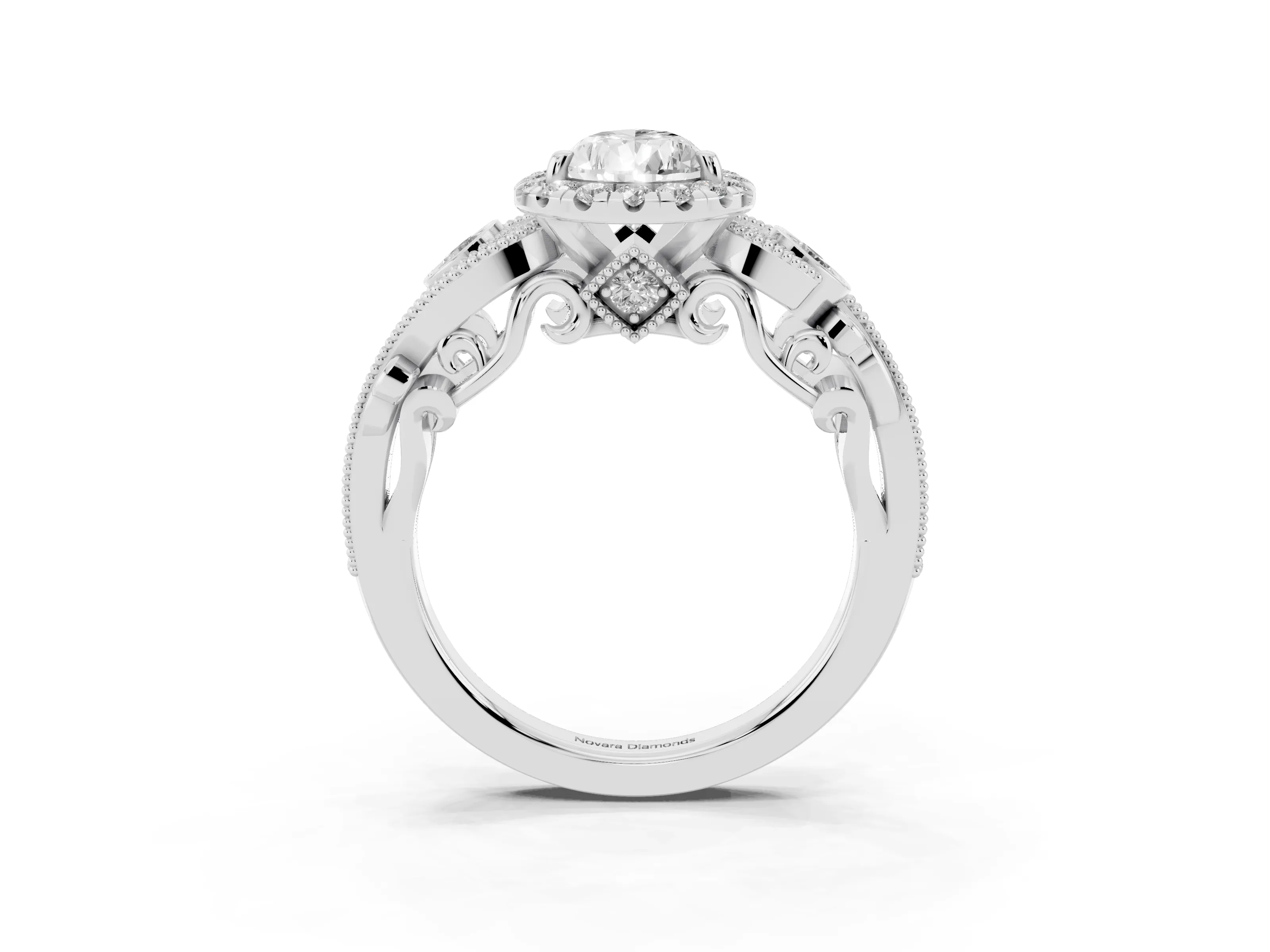 Pear Cut Diamond Halo Ring Set in Silver with Milgrain Pavé Band and Prong Setting