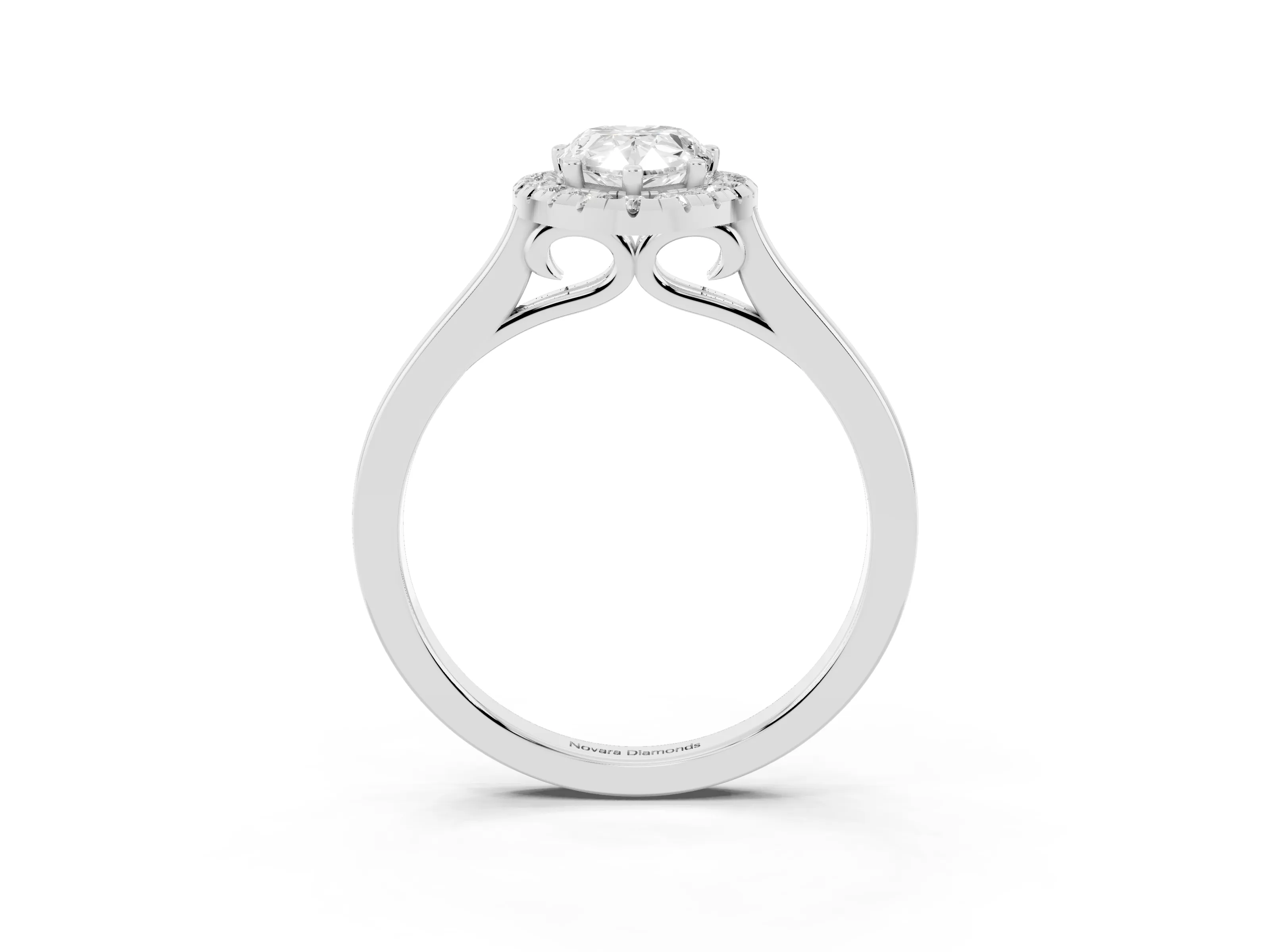 Pear Cut Halo Round Diamond Solitaire Ring Set in Platinum with Pavé Band and Prong Setting