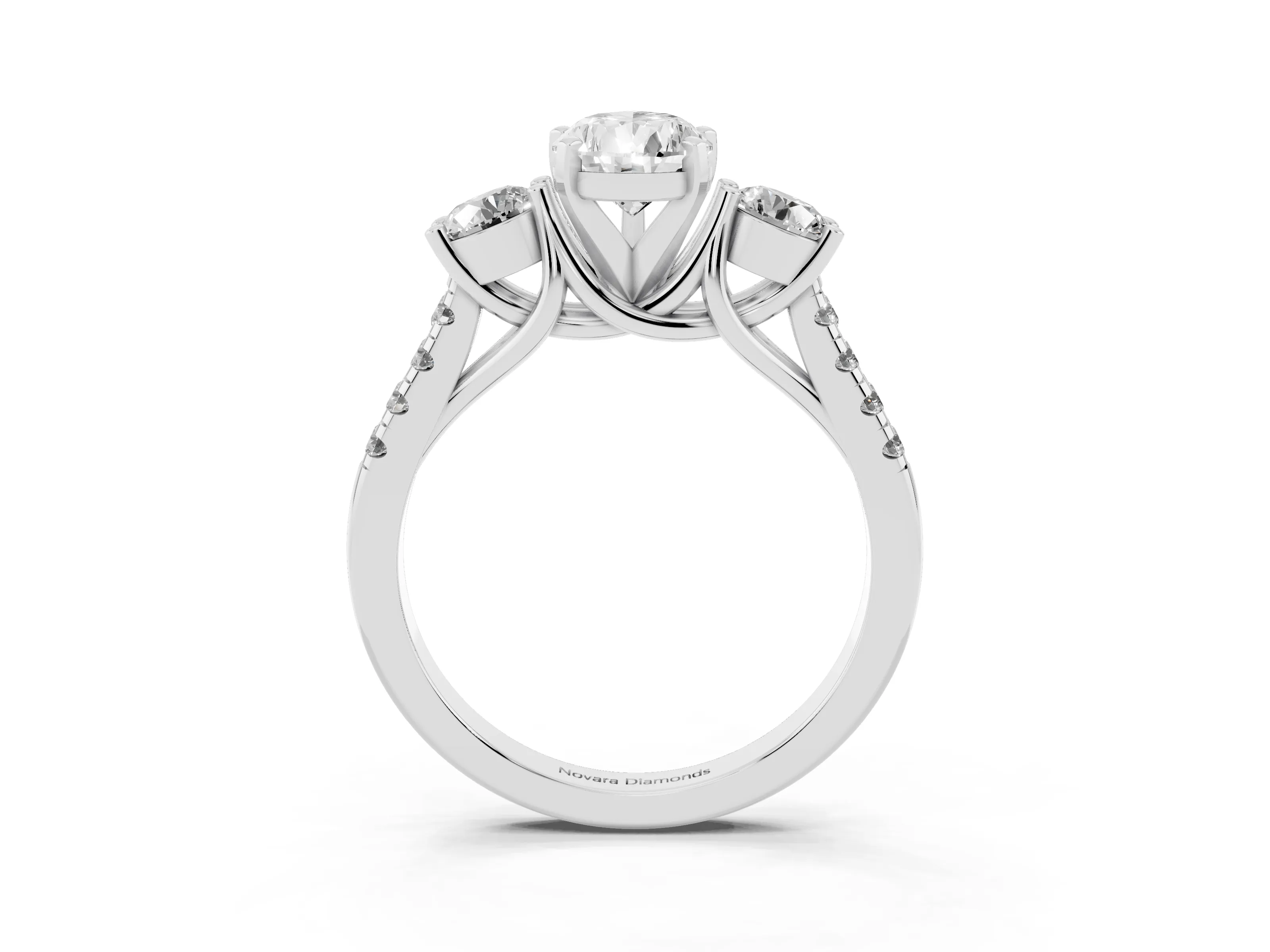 Three-Stone Pear Cut Diamond Pavé Band Ring Set in Silver with Prong-Set Trio