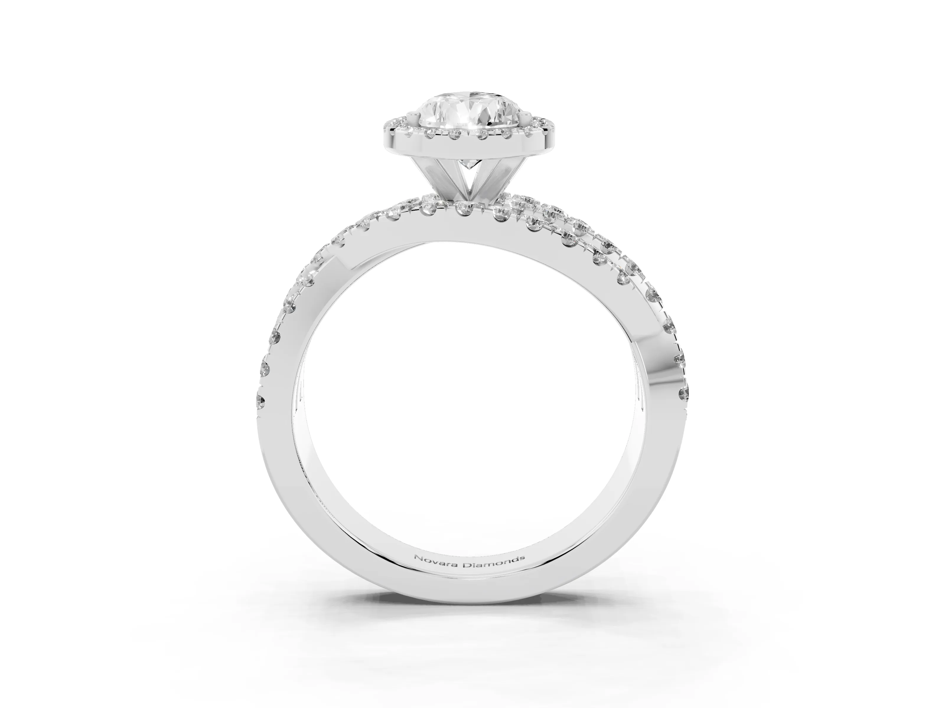 Pear Cut Diamond Halo Ring Set in Platinum with Round Crossover Split Shank and Prong Setting