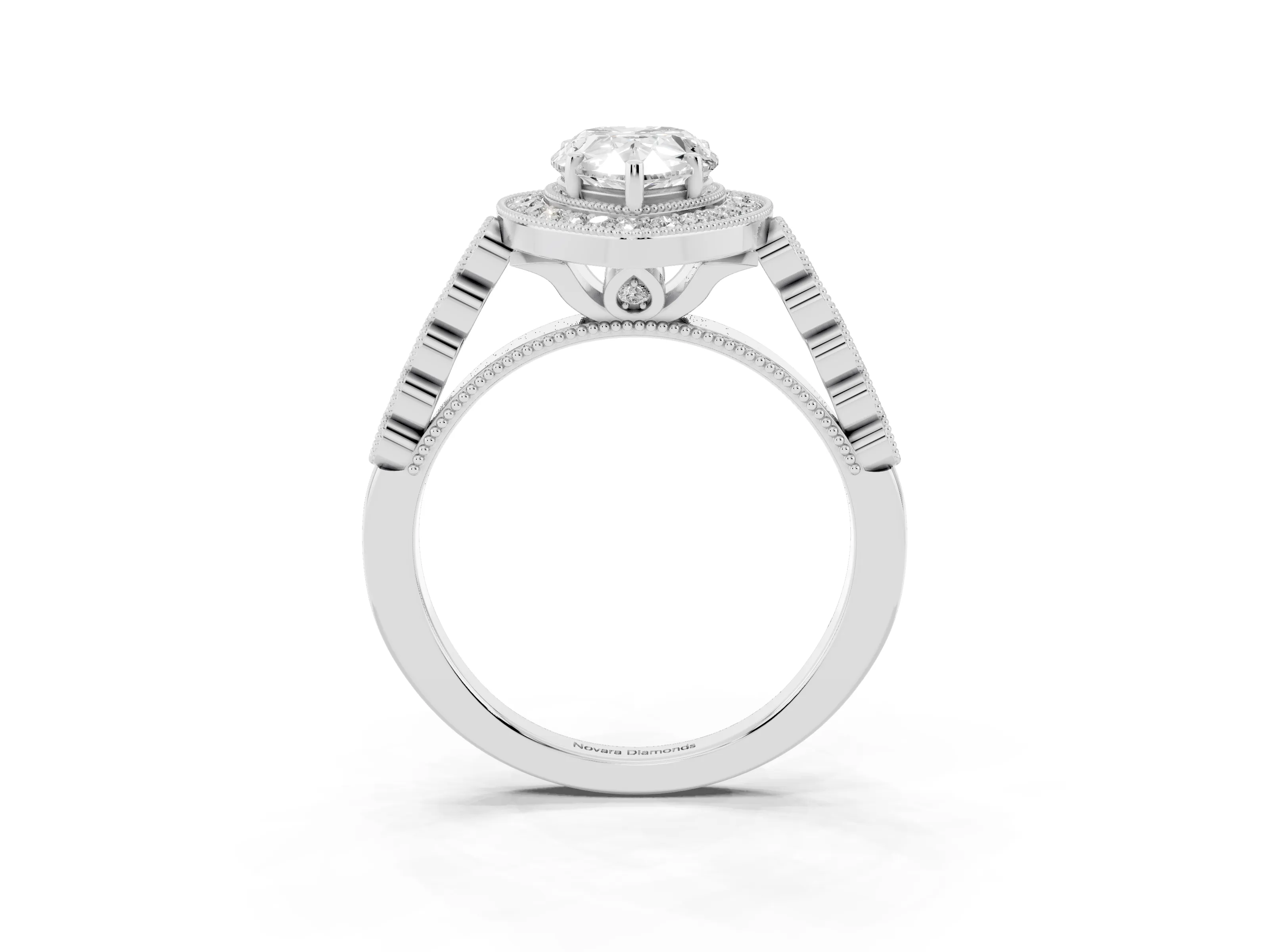 Pear Cut Diamond Milgrain Halo Solitaire Ring Set in White gold with Bezel Set Side Stones and Pavé Band