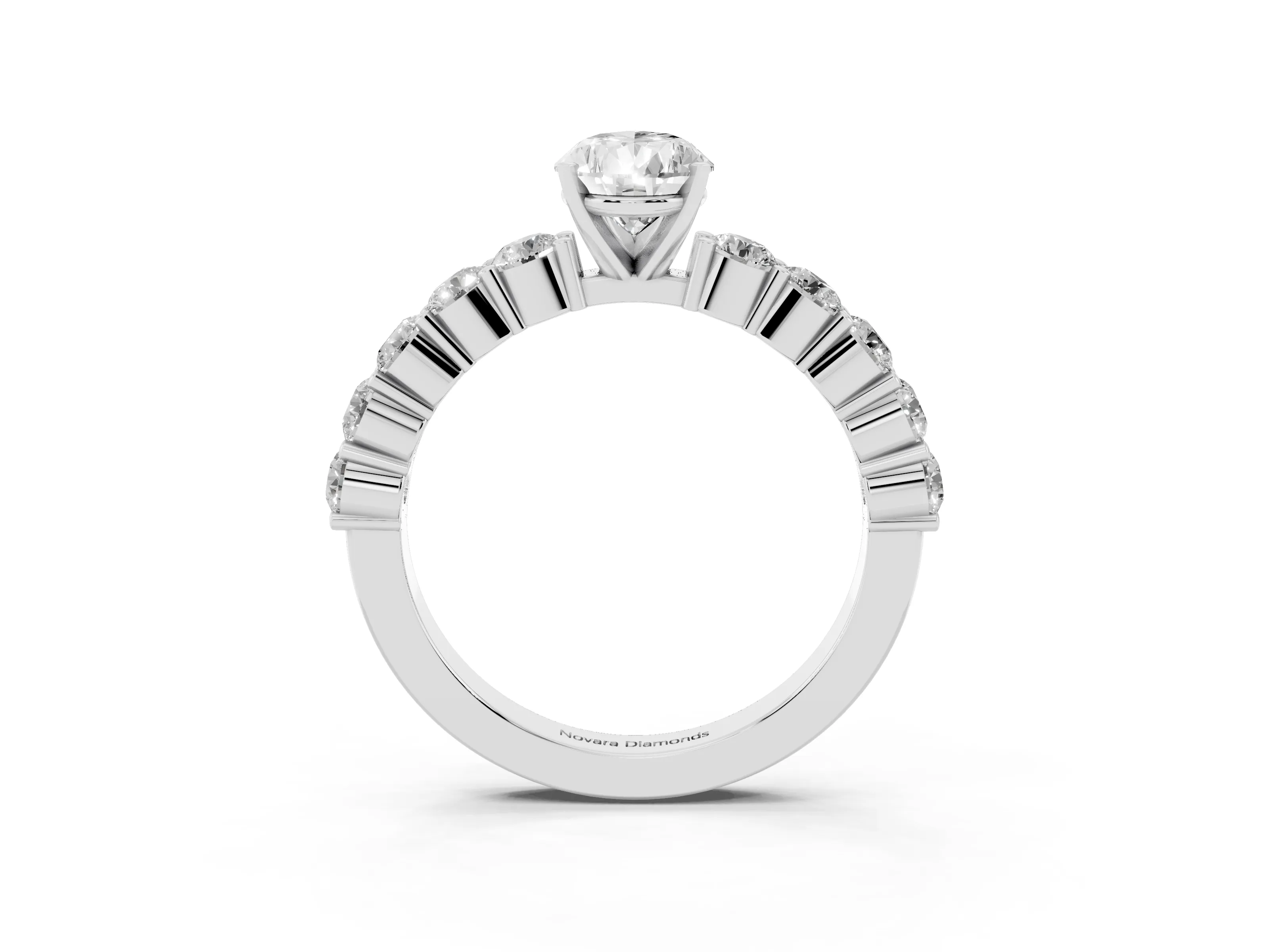 Pear Cut Diamond Solitaire Ring Set in Silver with Shared Prong Round Side Stones