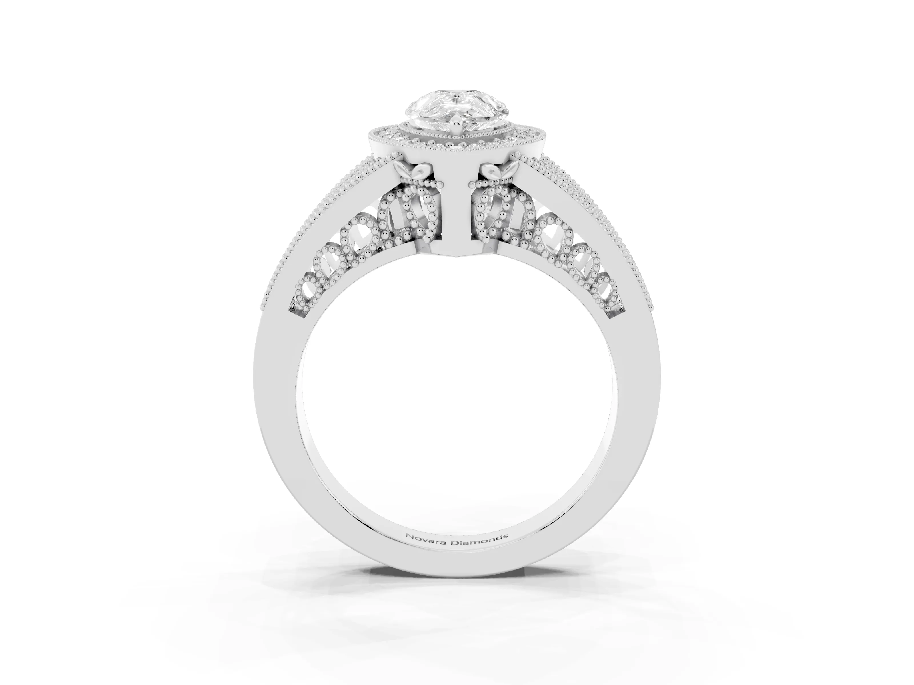 Pear Cut Diamond Halo Ring Set in White gold with Stone-Set Split Shank and Milgrain Edges