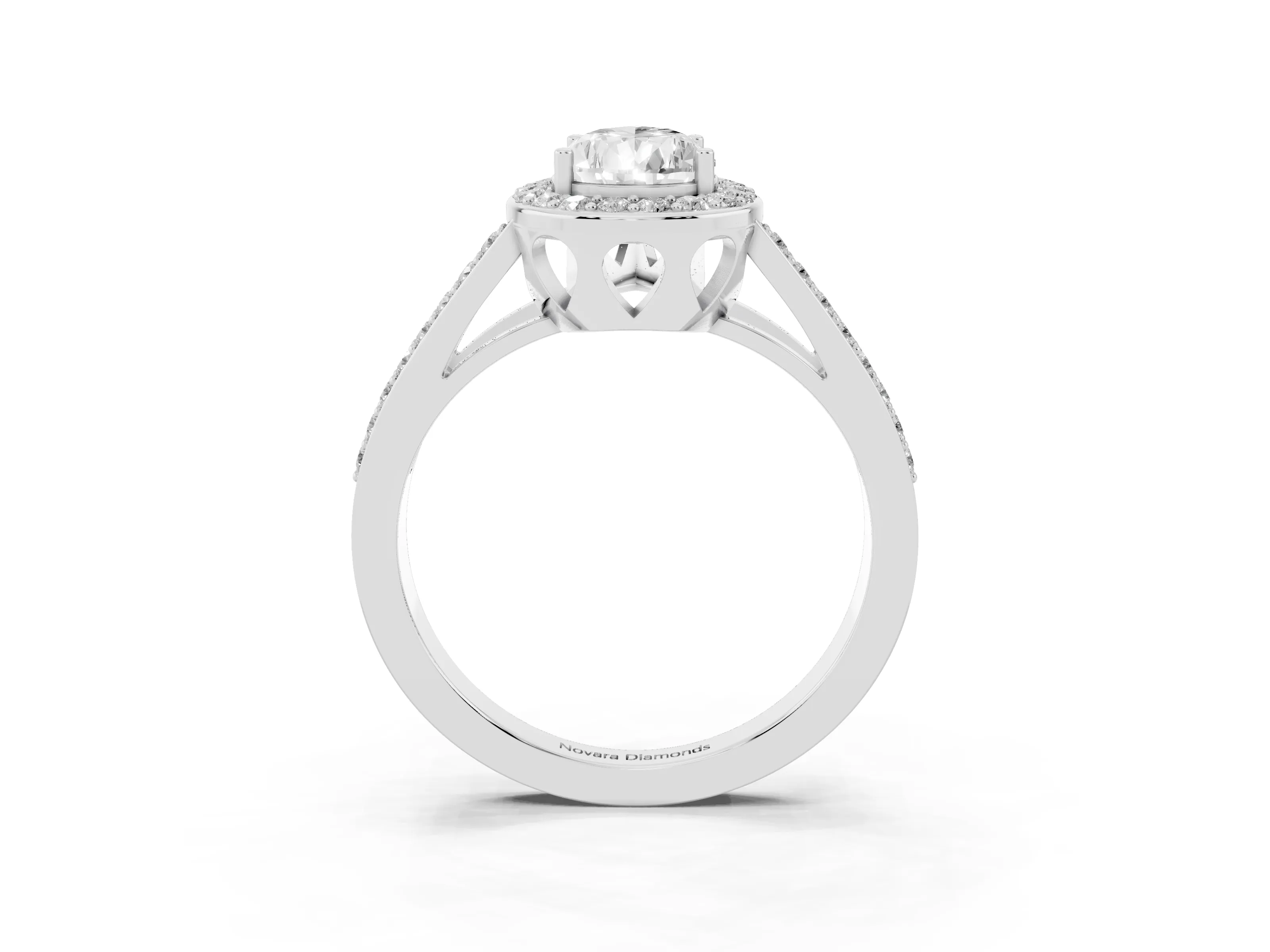 Pear Cut Diamond Halo Ring Set in White gold with U-Prong Split Shank and Prong Setting