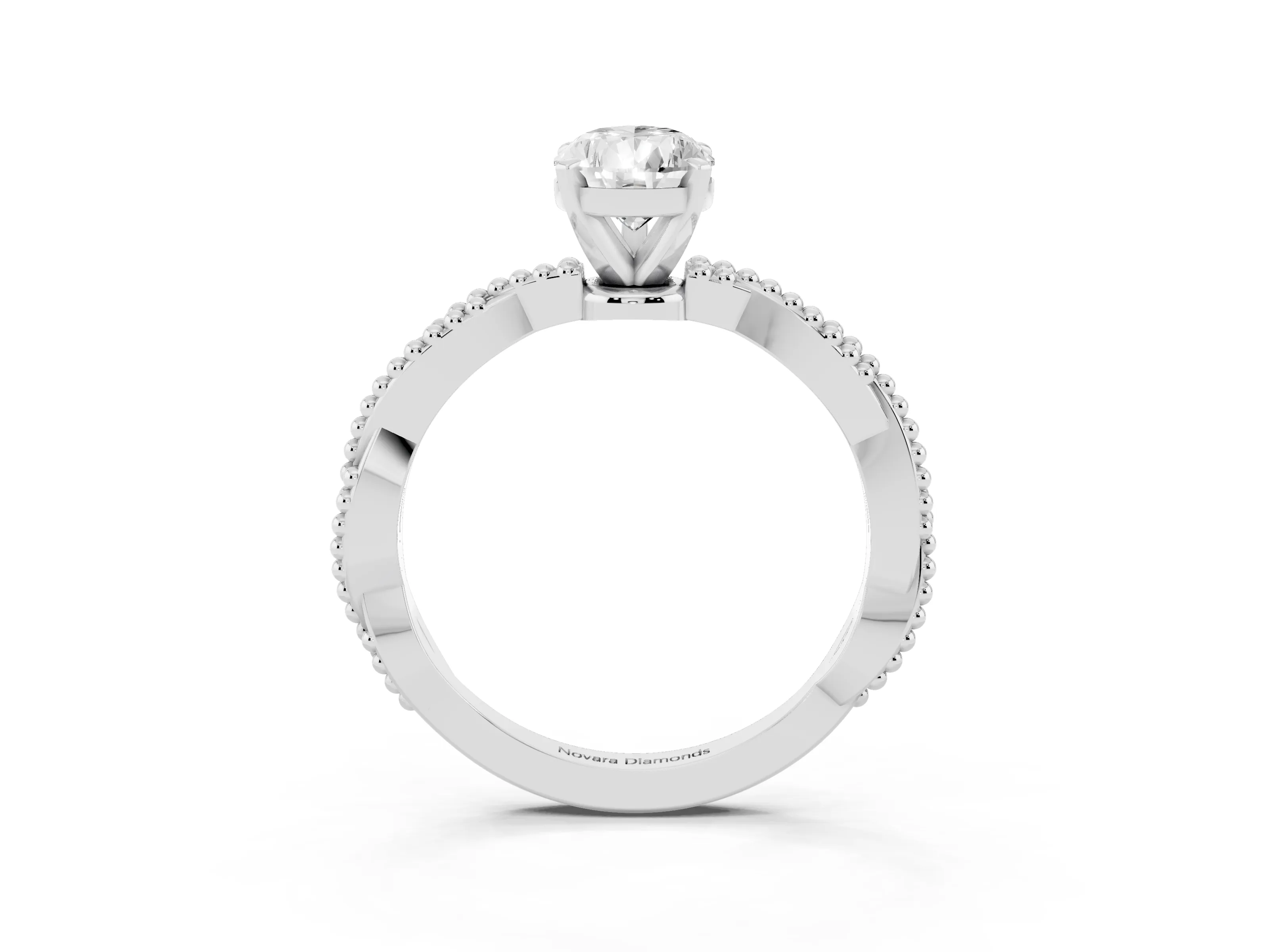 Pear Cut Diamond Solitaire Ring Set in White gold with Twisted Band and Bead Prong Setting