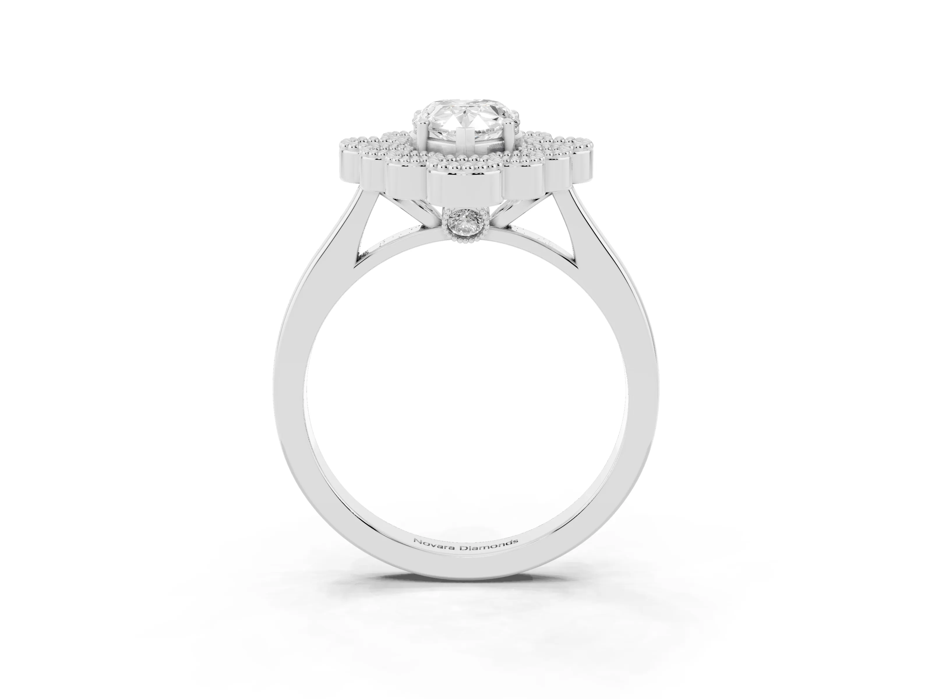 Pear Cut Diamond Cluster Halo Ring Set in White gold with Milgrain Bezel Accents and Plain Band