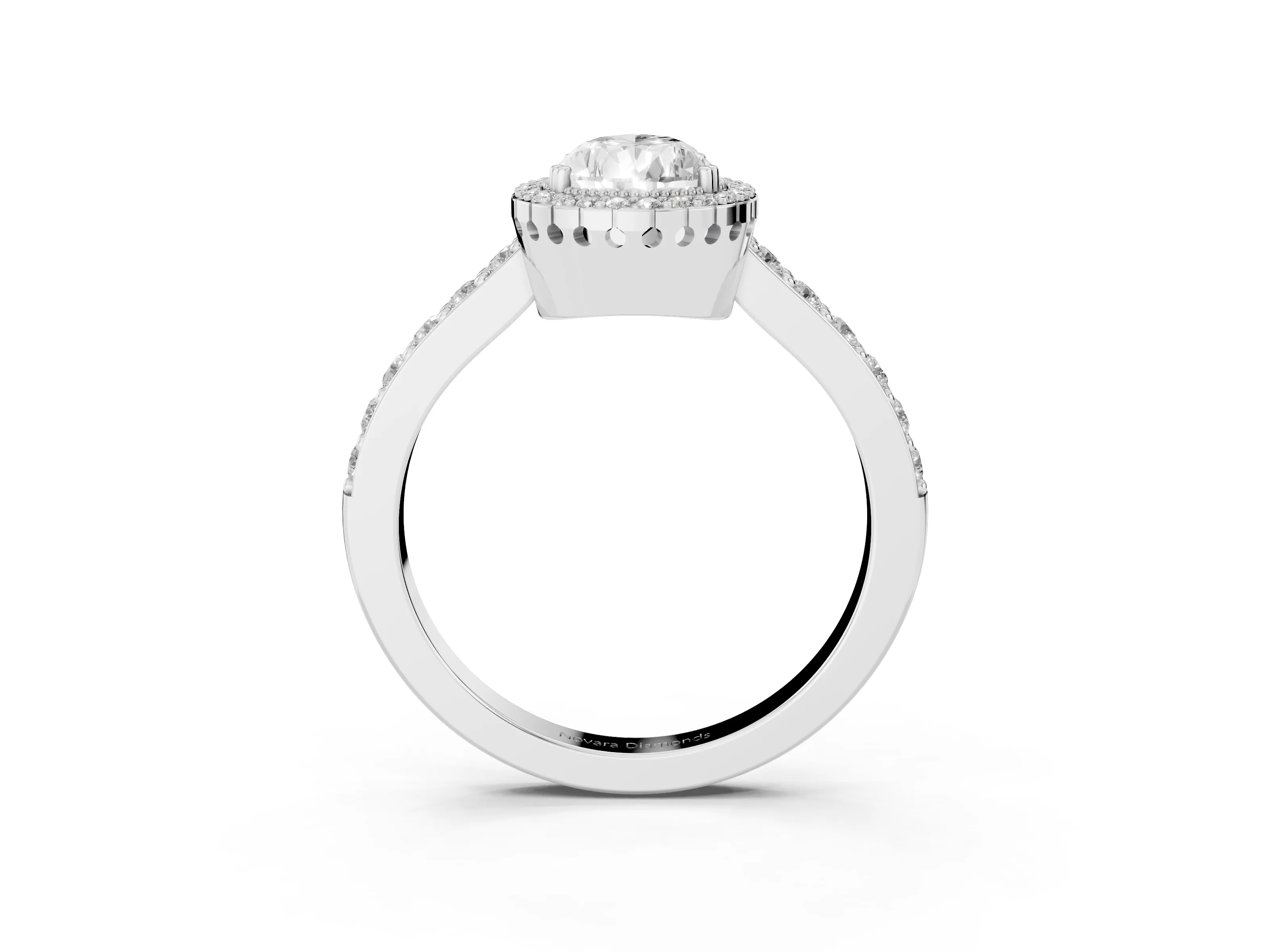 Pear Cut Diamond Halo Engagement Ring Set in Silver with Milgrain Detail and Pavé Band