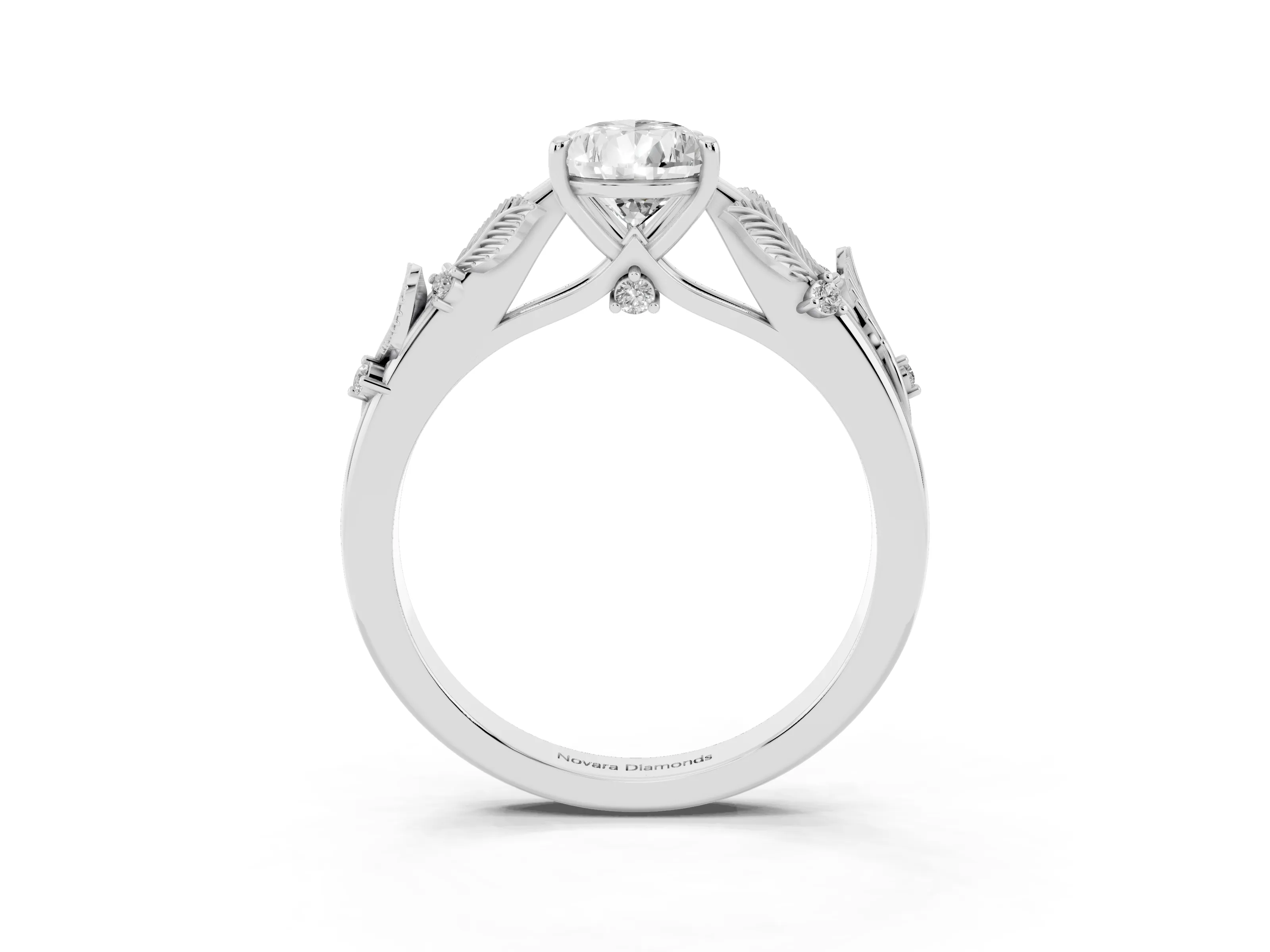 Pear Cut Diamond Solitaire Ring Set in White gold with Leaf Motif Band