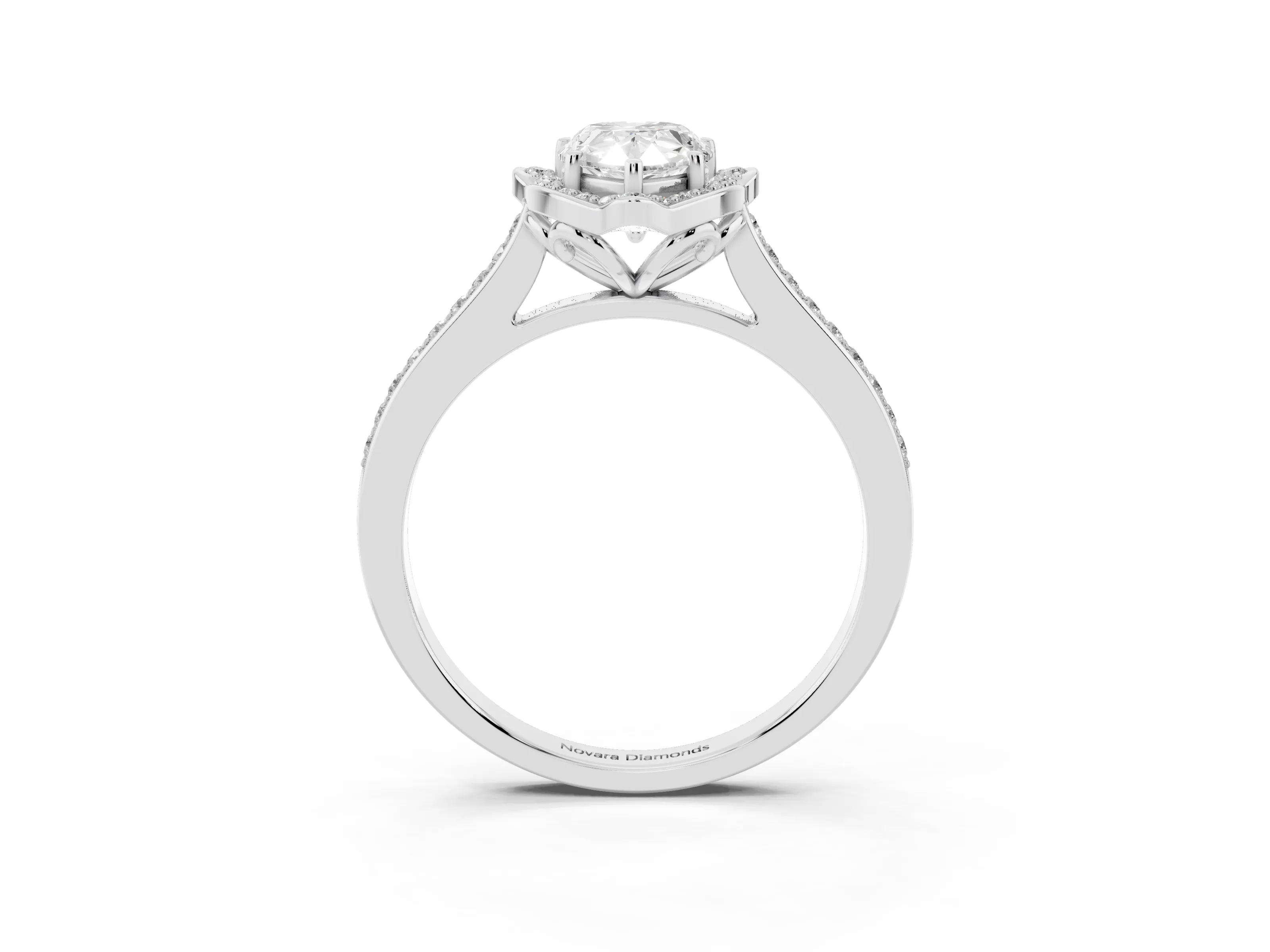 Pear Cut Diamond Halo Ring Set in Platinum with Pavé-Lined Shoulders and Prong Setting