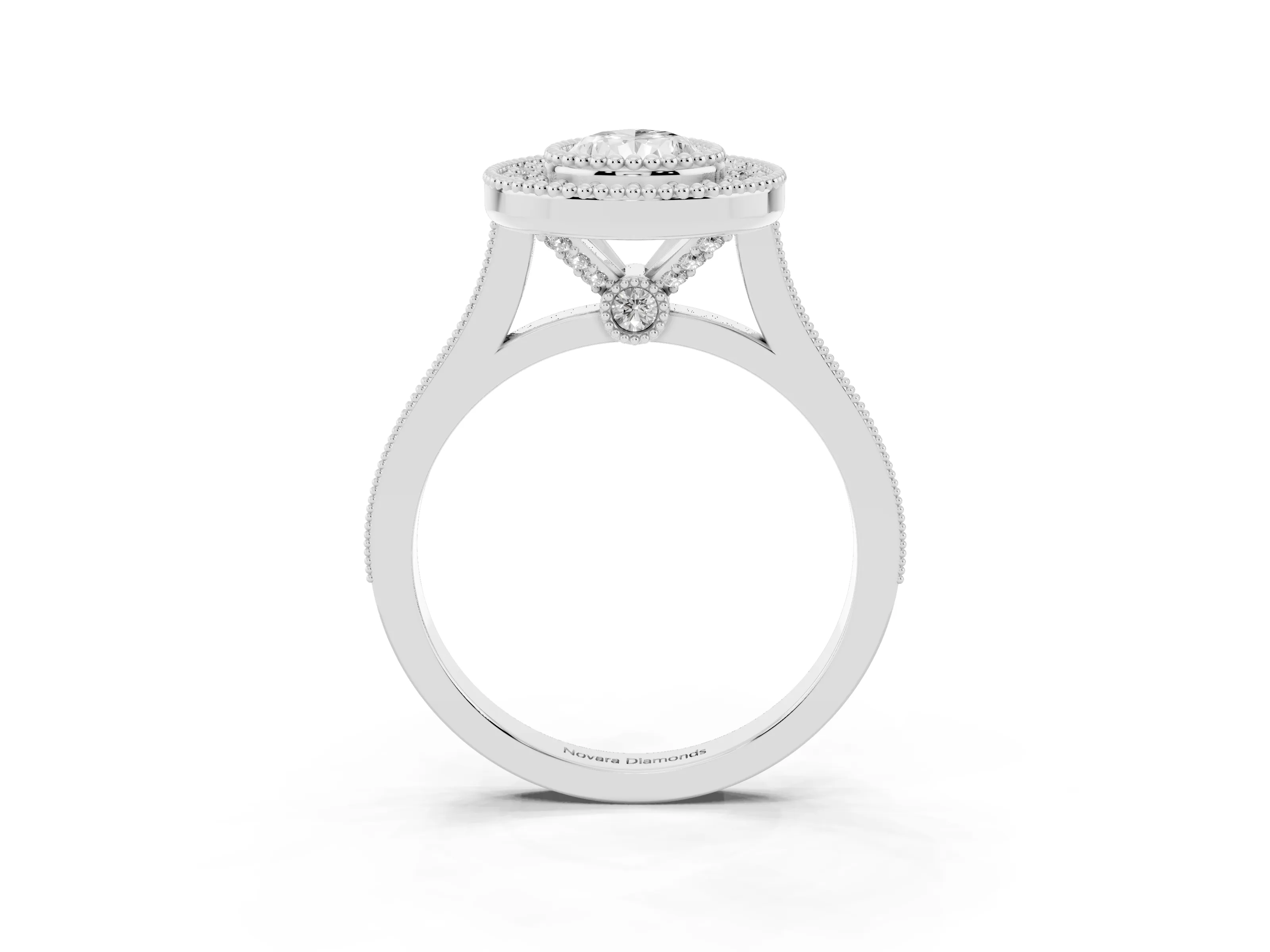 Pear Cut Diamond Halo Ring Set in White gold with Milgrain Frame and Pavé Band