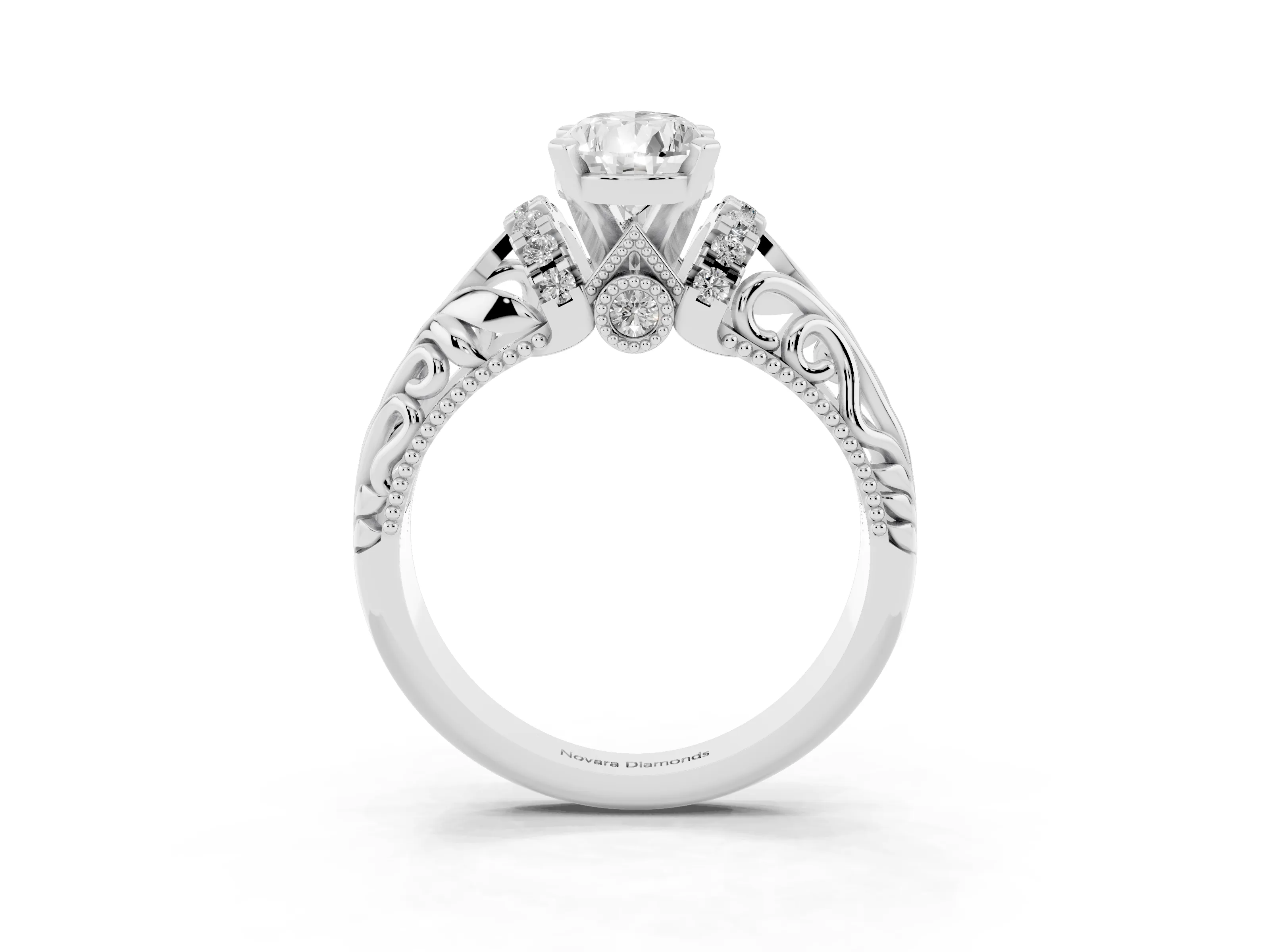 Pear Cut Diamond Filigree Halo Engagement Ring Set in White gold with Prong Setting
