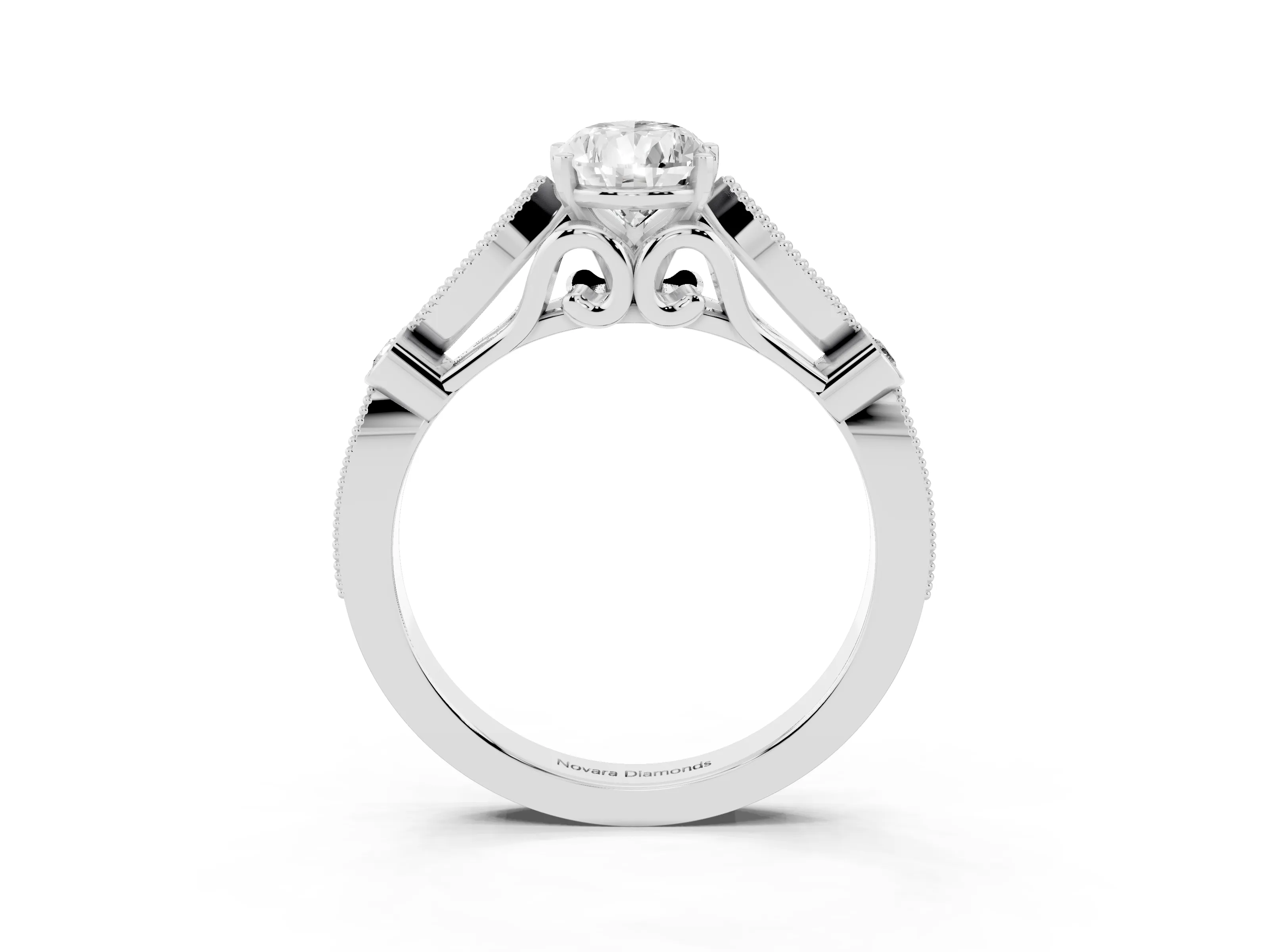 Pear Cut Diamond Solitaire Ring Set in Platinum with Milgrain Marquise and Bezel Accents