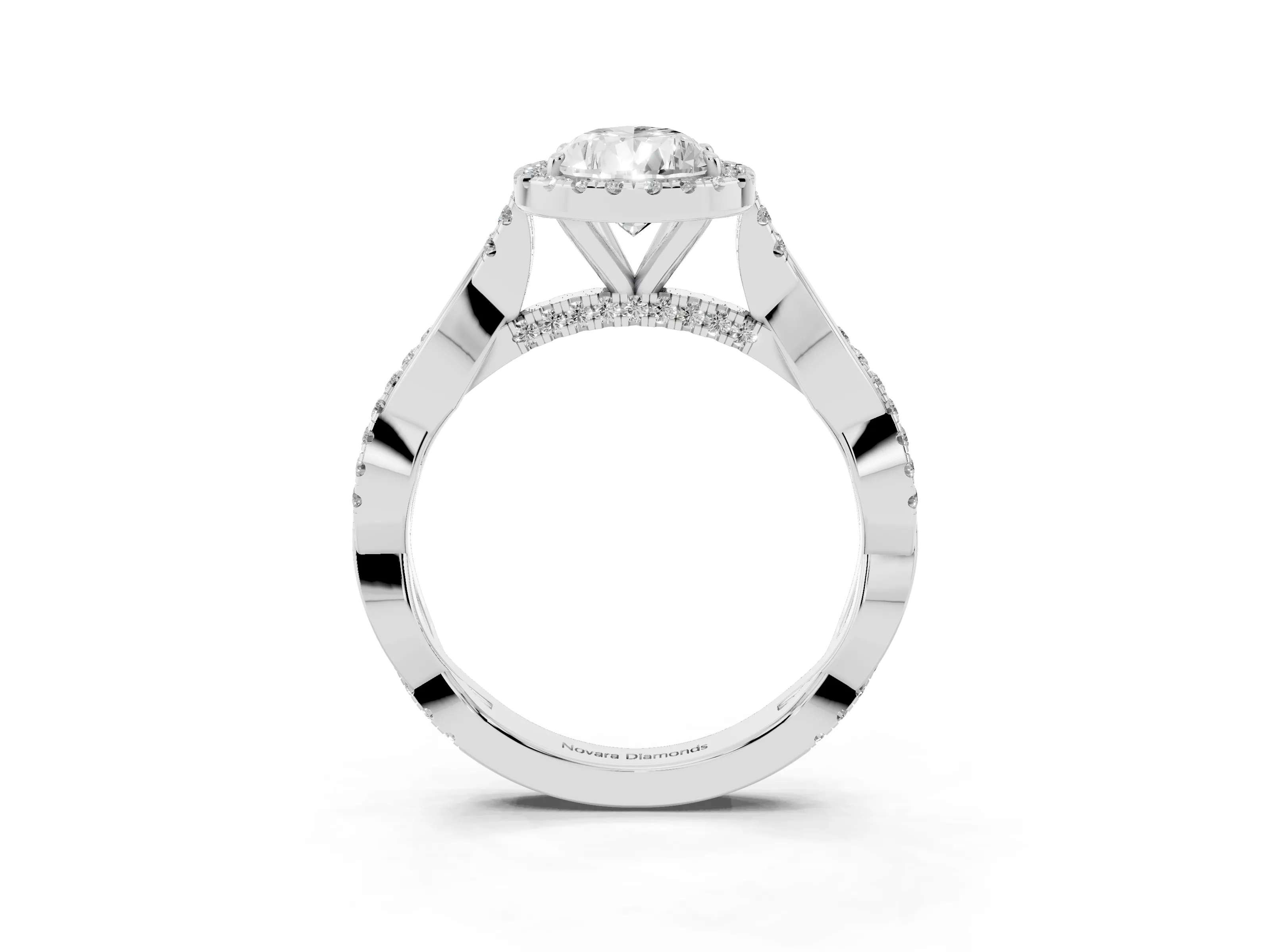 Pear Cut Diamond Halo Twist Band Solitaire Ring Set in White gold with Prong Setting