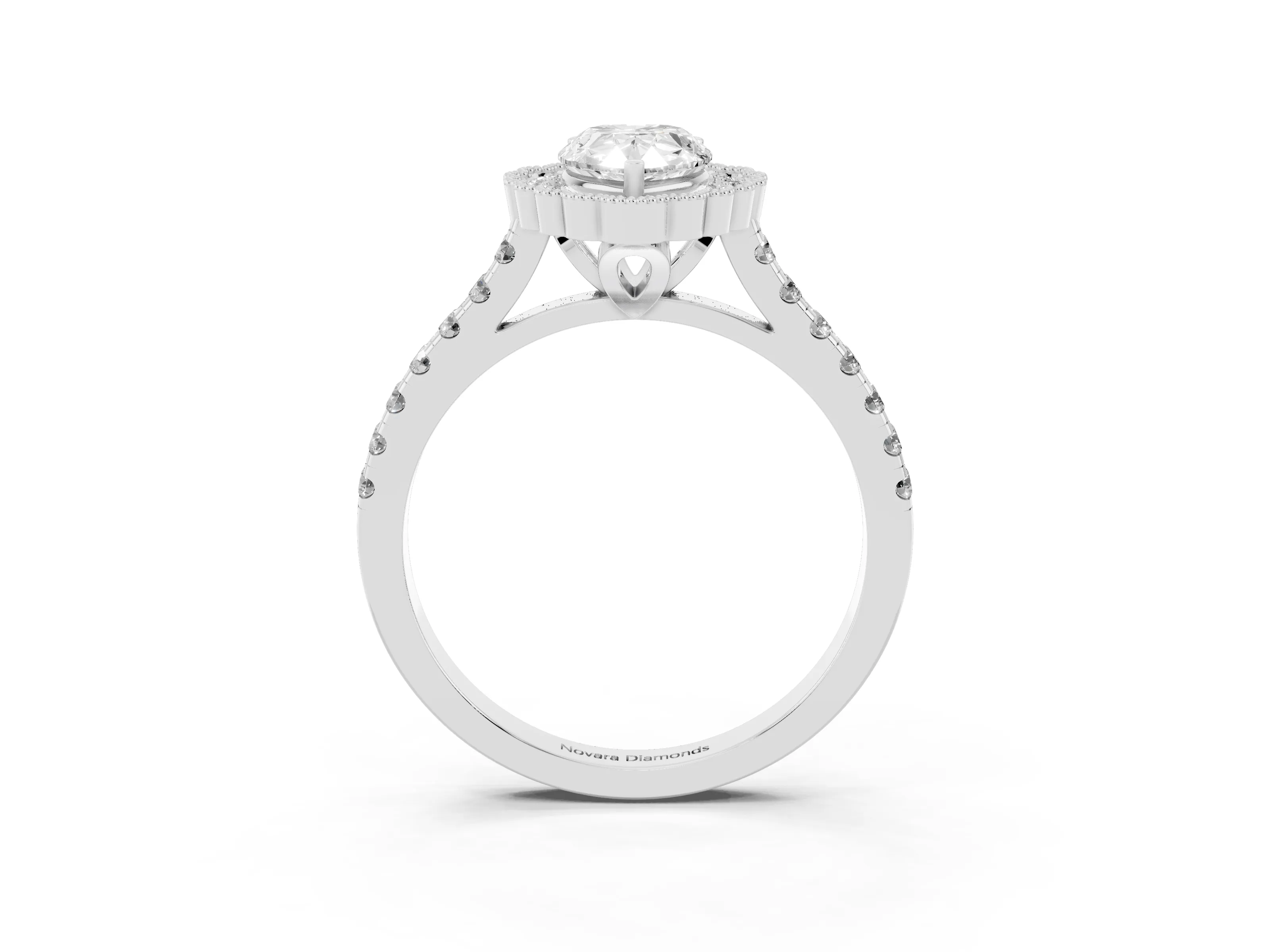 Pear Cut Diamond Milgrain Floral Halo Engagement Ring Set in White gold with Pavé Band