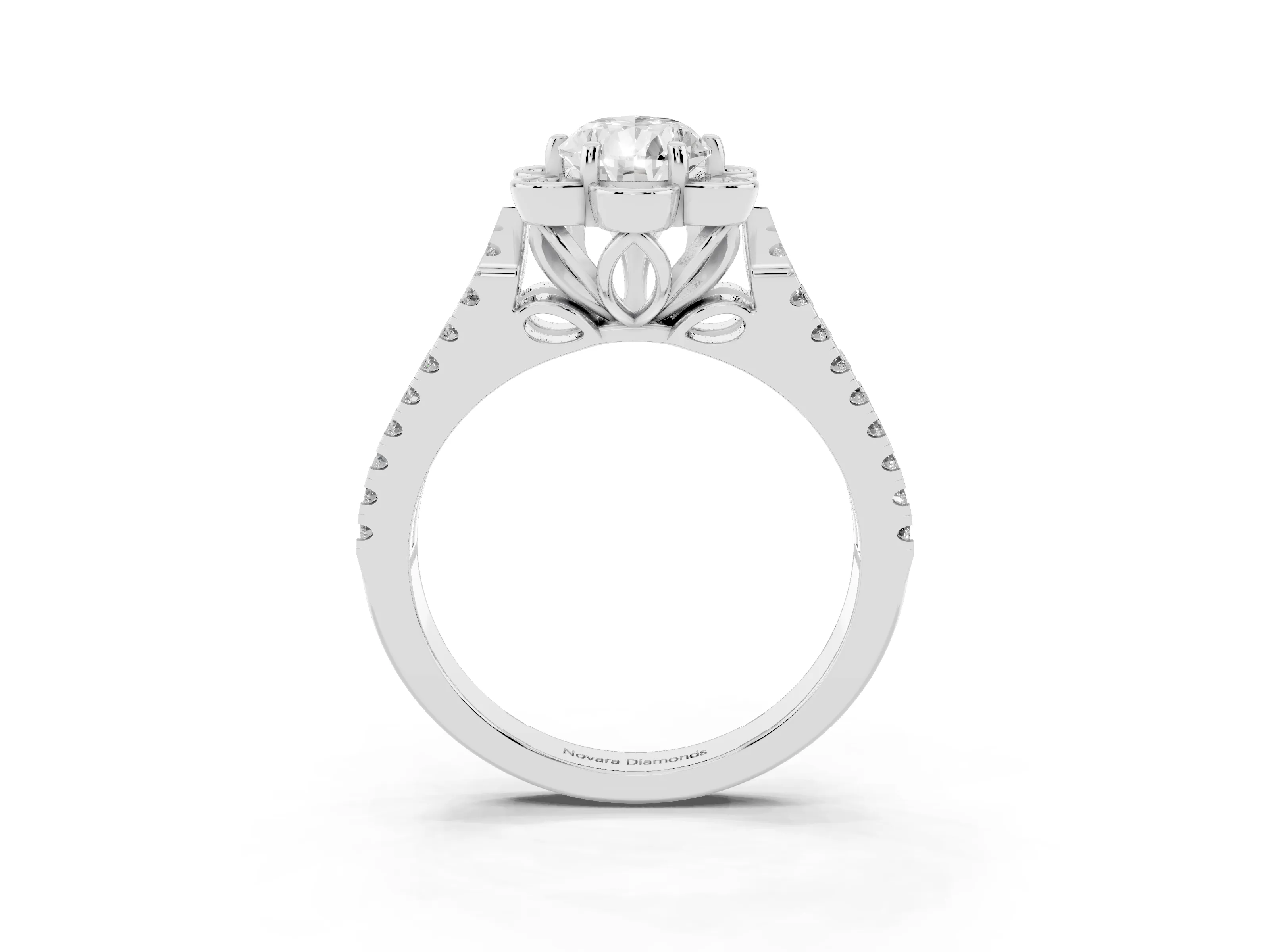 Pear Cut Diamond Floral Halo Split Shank Engagement Ring Set in Silver with Pavé Shank
