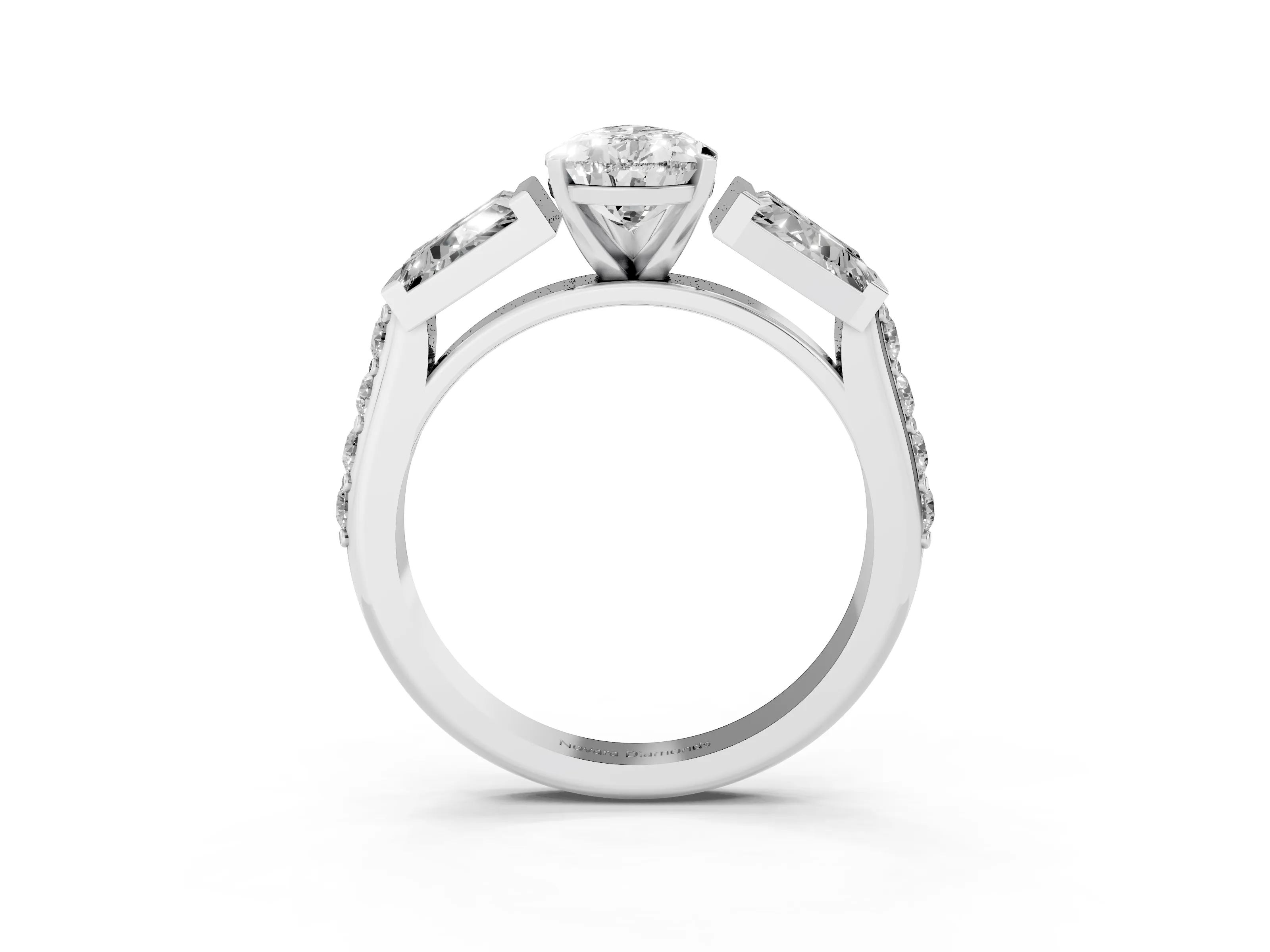 Pear Cut Diamond Engagement Ring Set in White gold with Baguette Side Stones and Channel Set Band