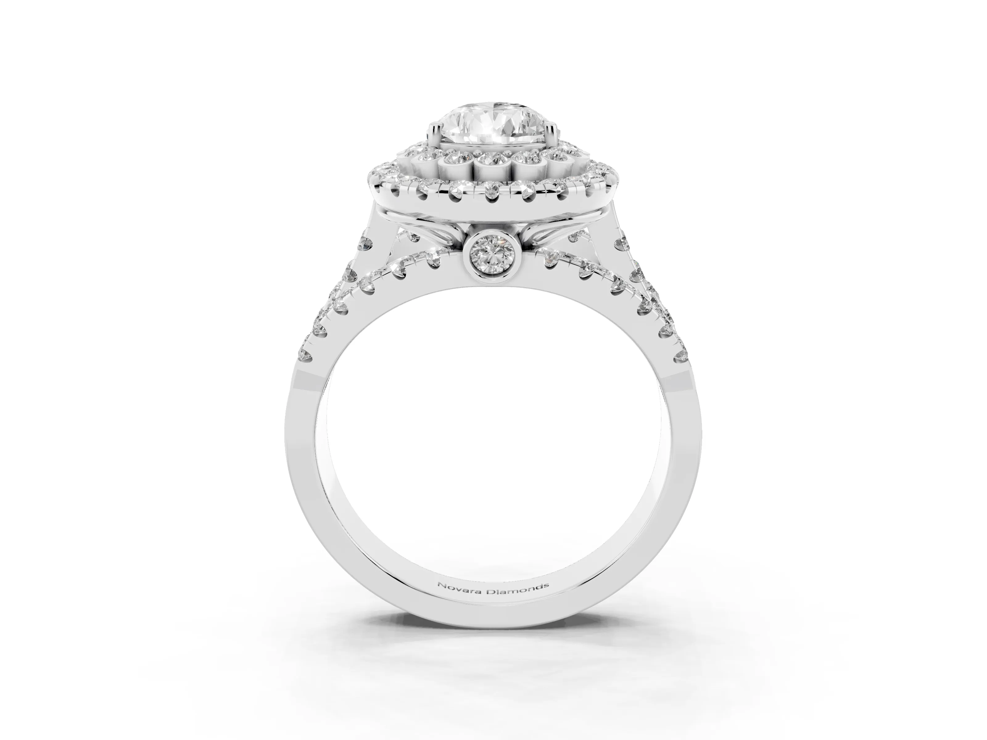 Pear Cut Diamond Double Halo Ring Set in Silver with Round Pavé Split Shank